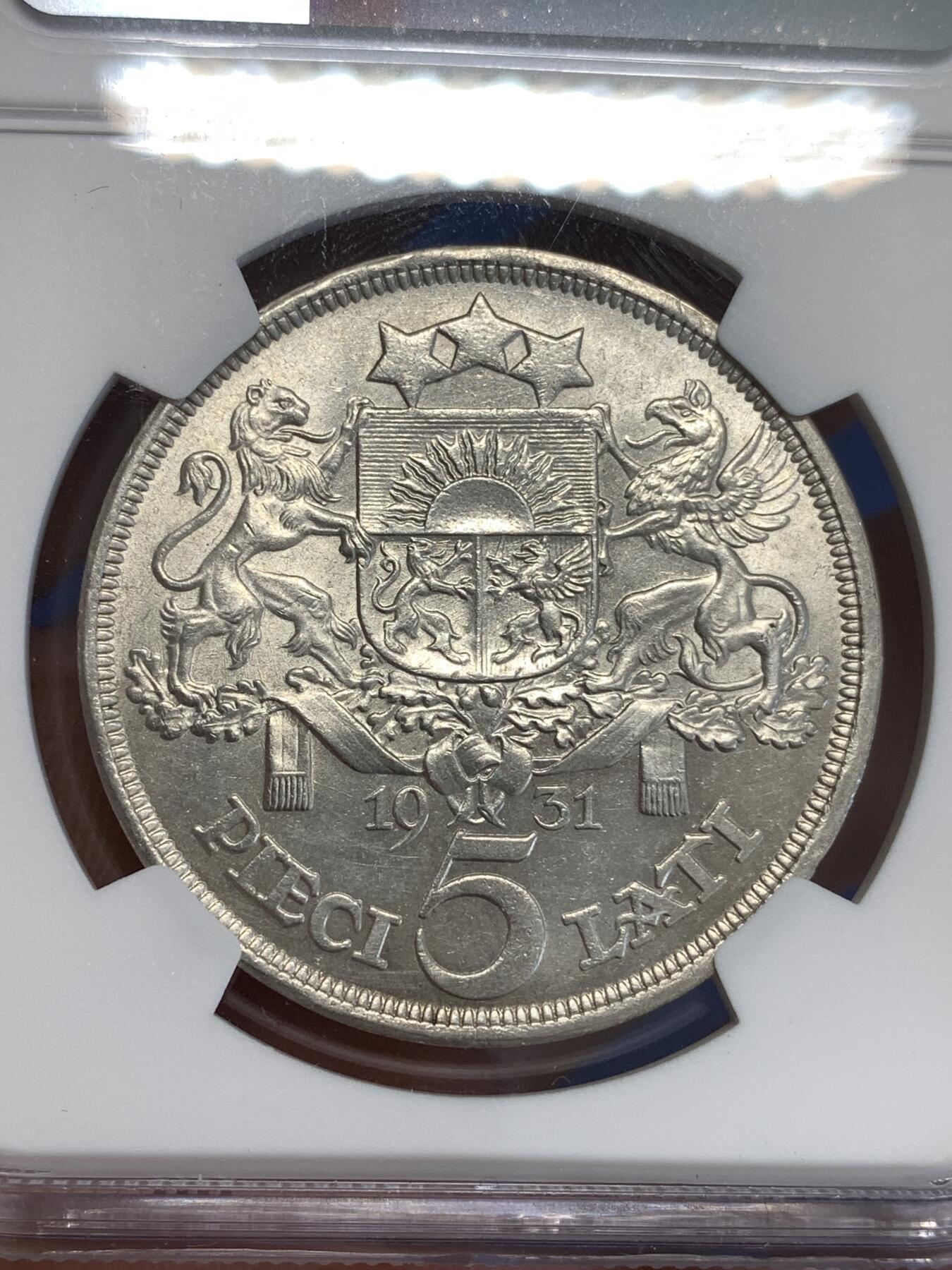 《竞宝斋》第299场- 周日，周一  2场连拍 （全场包邮） NGC UNC 拉脱维亚1931年5L大银币