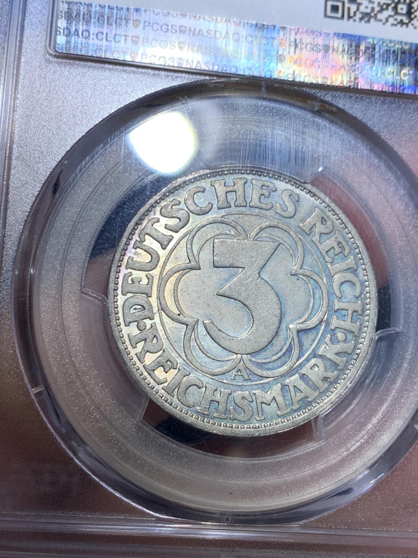 《竞宝斋》第299场- 周日，周一  2场连拍 （全场包邮） PCGS MS64+ 德国1927A魏玛时期诺德豪森3马克银币，克书MS63标价650美金，少见