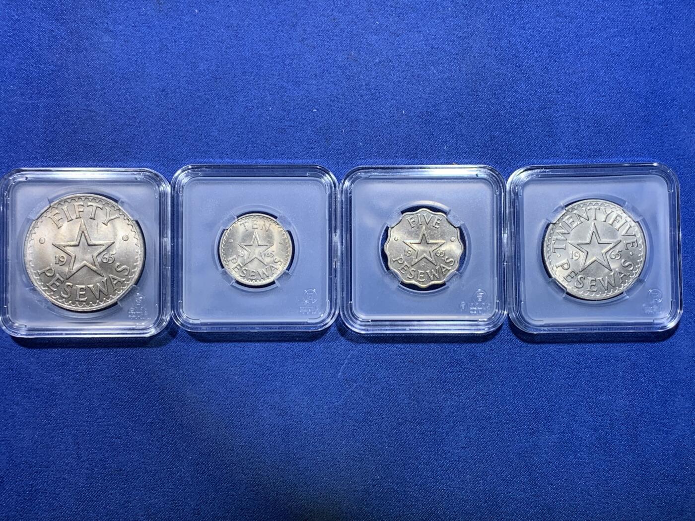 《竞宝斋》第299场- 周日，周一  2场连拍 （全场包邮） 1965 加纳 MS 四枚全套 大热品种  老藏家封装拆出入盒 克瓦米·恩克鲁玛头像 一步到位 适合自藏