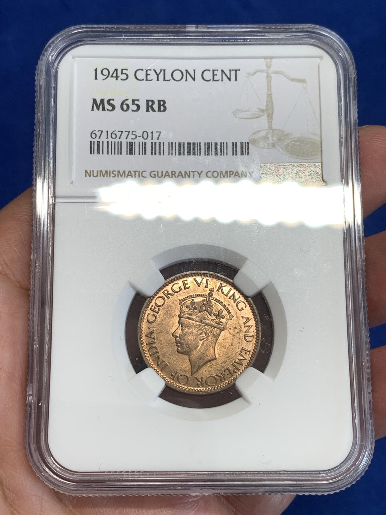 《竞宝斋》第299场- 周日，周一  2场连拍 （全场包邮） NGC MS65RB 锡兰1945年乔治六世1分铜币 近RD原铜光