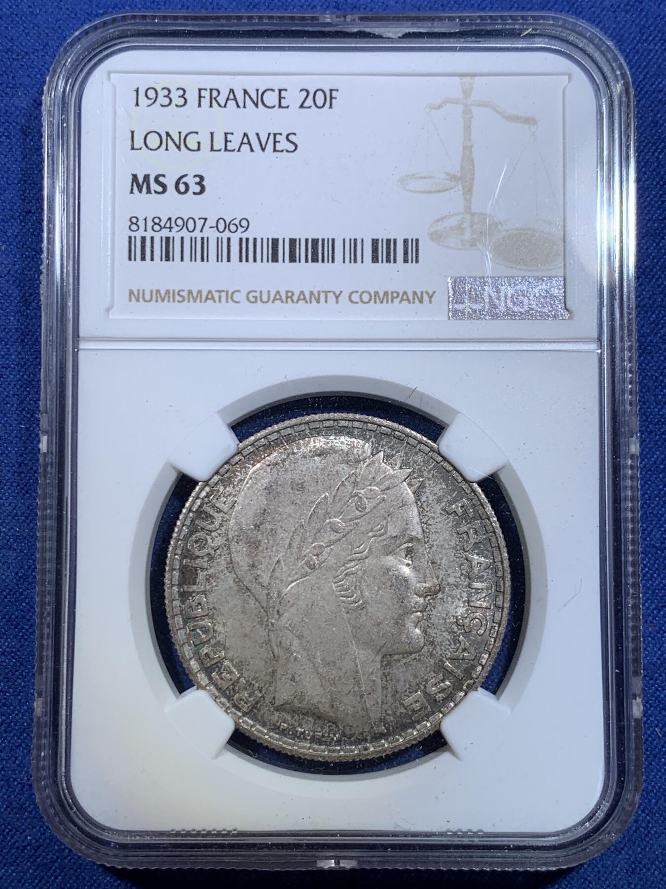 《竞宝斋》第299场- 周日，周一  2场连拍 （全场包邮） NGC MS63 法国1933年桂冠女神20法郎银币