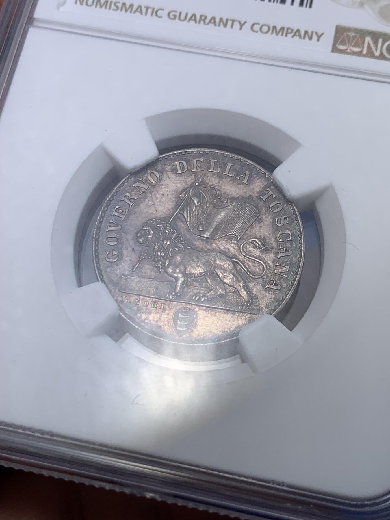 《竞宝斋》第299场- 周日，周一  2场连拍 （全场包邮） NGC MS62 意大利1859托斯卡纳临时政府1弗洛林，单年版，临时政府发行的唯一银币。状态极佳带PL