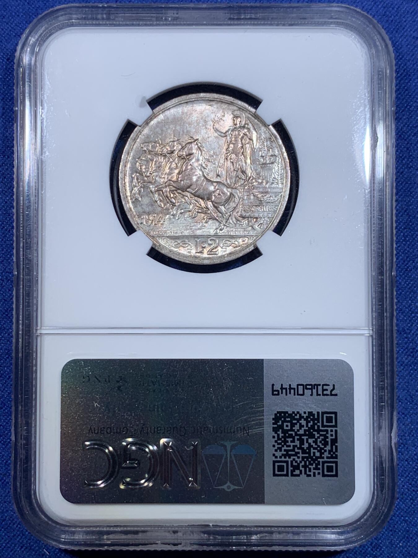 《竞宝斋》第299场- 周日，周一  2场连拍 （全场包邮） NGC MS62 意大利1914年埃曼努埃莱三世四驾马车2里拉