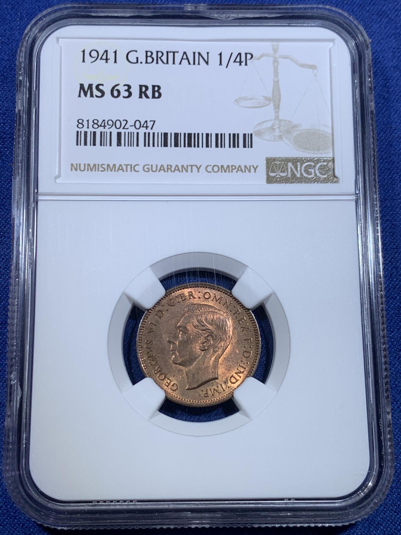 《竞宝斋》第299场- 周日，周一  2场连拍 （全场包邮） NGC MS63RB 英国1941年乔治六世法新铜币