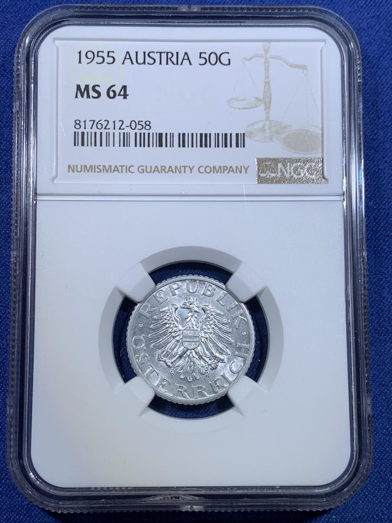 《竞宝斋》第299场- 周日，周一  2场连拍 （全场包邮） NGC MS64 奥地利1955年50格罗申铝币，尾年年份，铝币保存不易，不多见品种