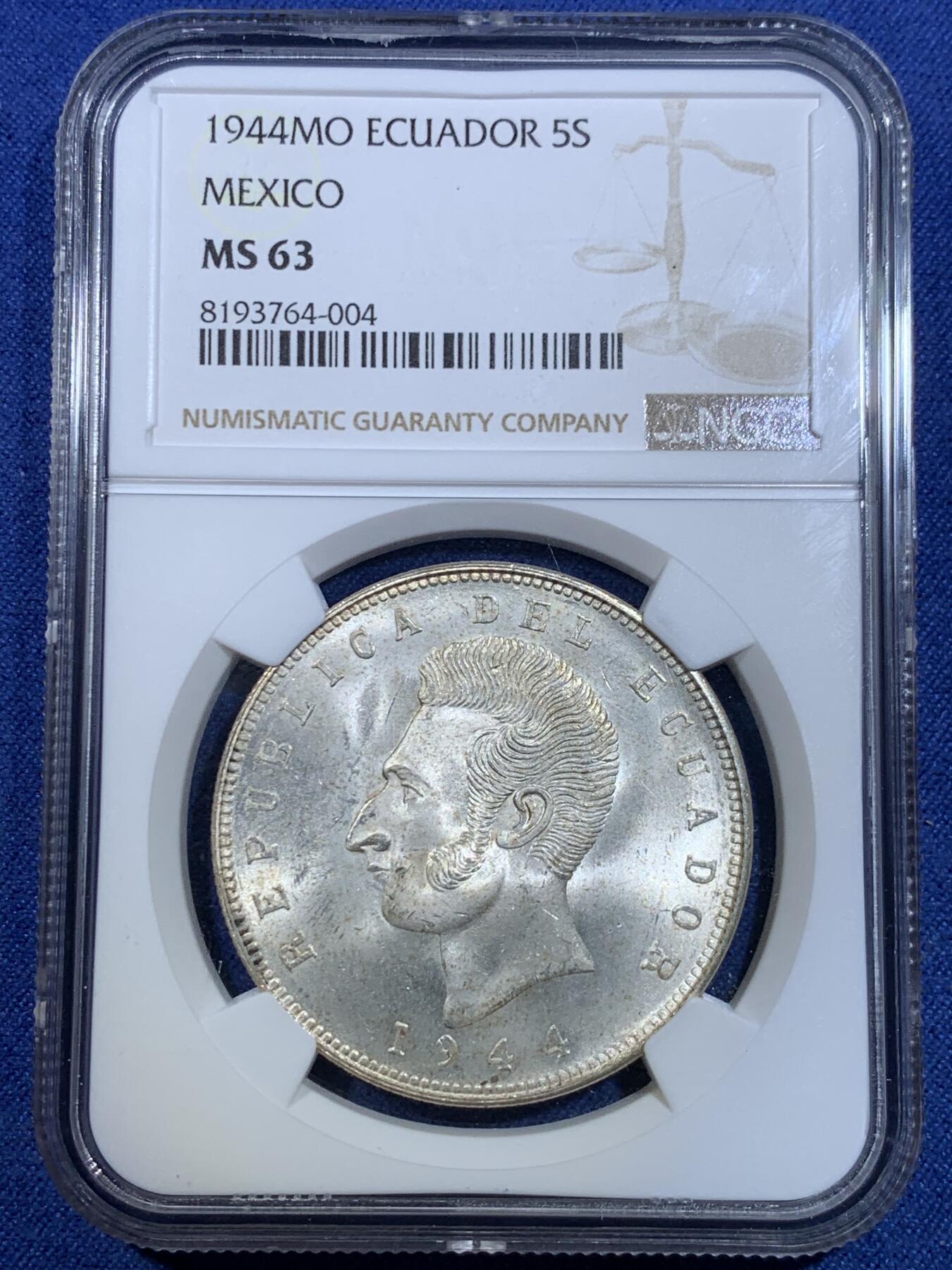 《竞宝斋》第299场- 周日，周一  2场连拍 （全场包邮） NGC MS63 厄瓜多尔1944年5苏大银币 几乎出厂状态