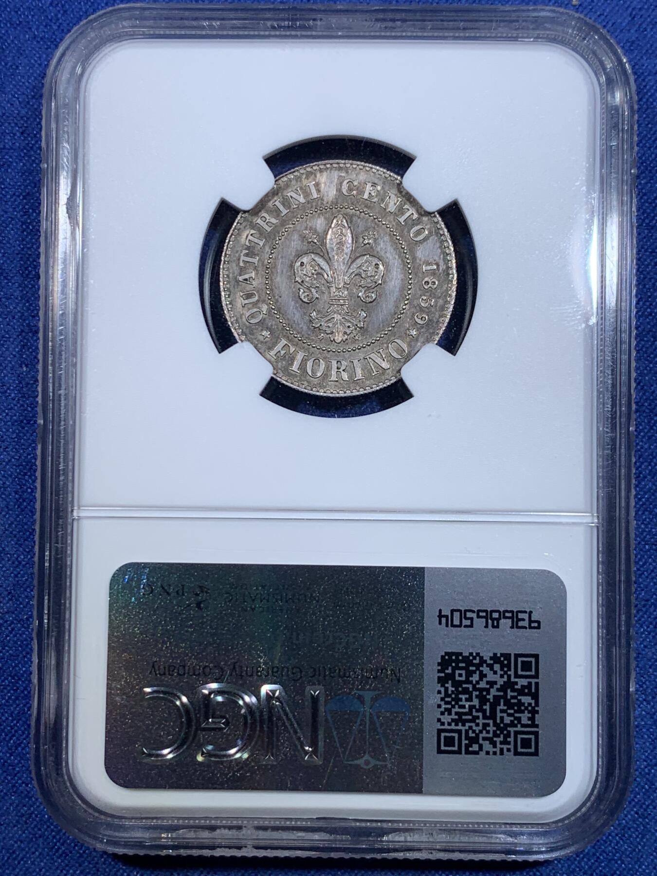 《竞宝斋》第299场- 周日，周一  2场连拍 （全场包邮） NGC MS62 意大利1859托斯卡纳临时政府1弗洛林，单年版，临时政府发行的唯一银币。状态极佳带PL