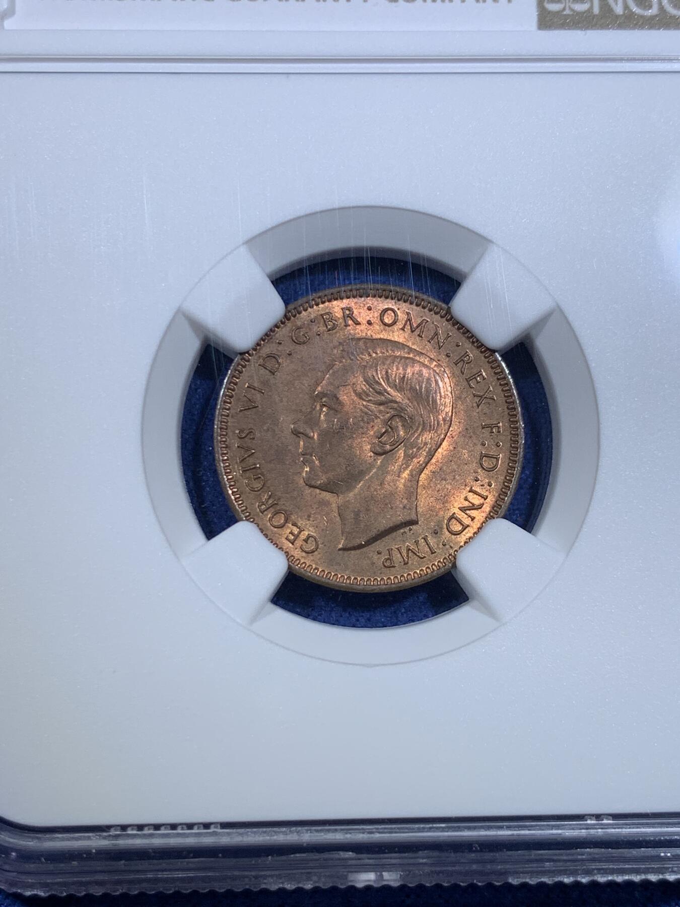 《竞宝斋》第299场- 周日，周一  2场连拍 （全场包邮） NGC MS63RB 英国1941年乔治六世法新铜币