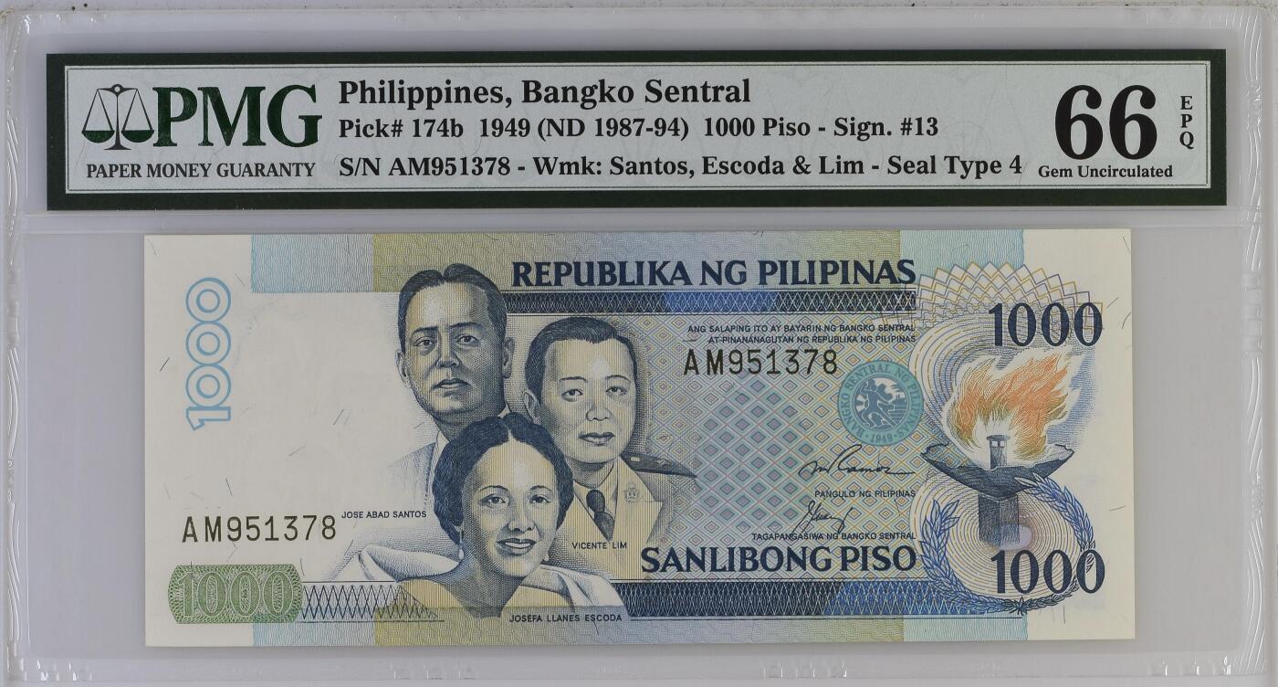 【Blue Auction】✨世界纸币精拍第530期【精】 【冠军分】菲律宾 1987-94年1000比索 PMG66EPQ 