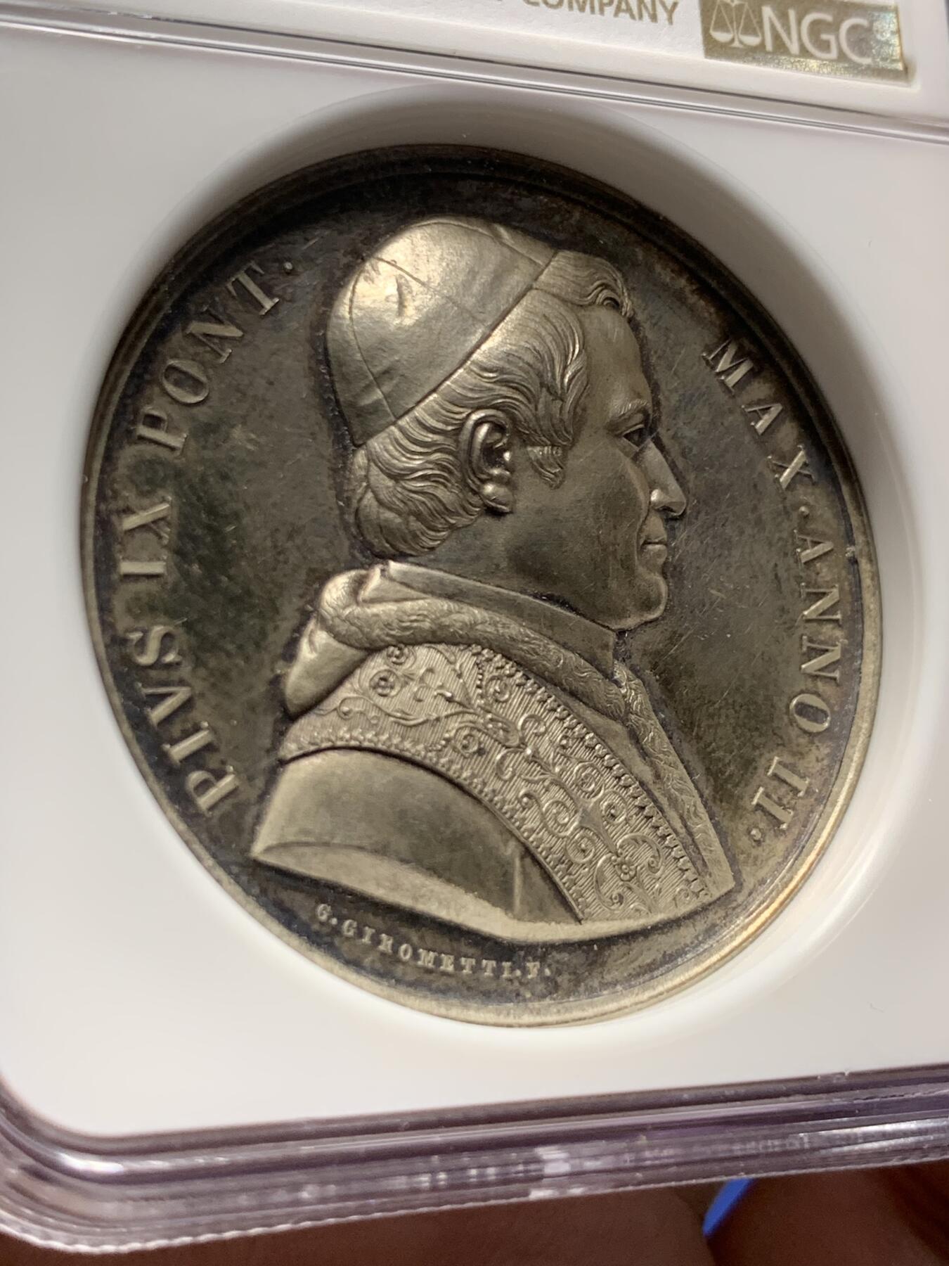 《竞宝斋》第299场- 周日，周一  2场连拍 （全场包邮） NGC MS61 教皇国 1847 庇护九世 圣彼得和圣保罗雕塑 纪念银章 加厚盒装 少见品种