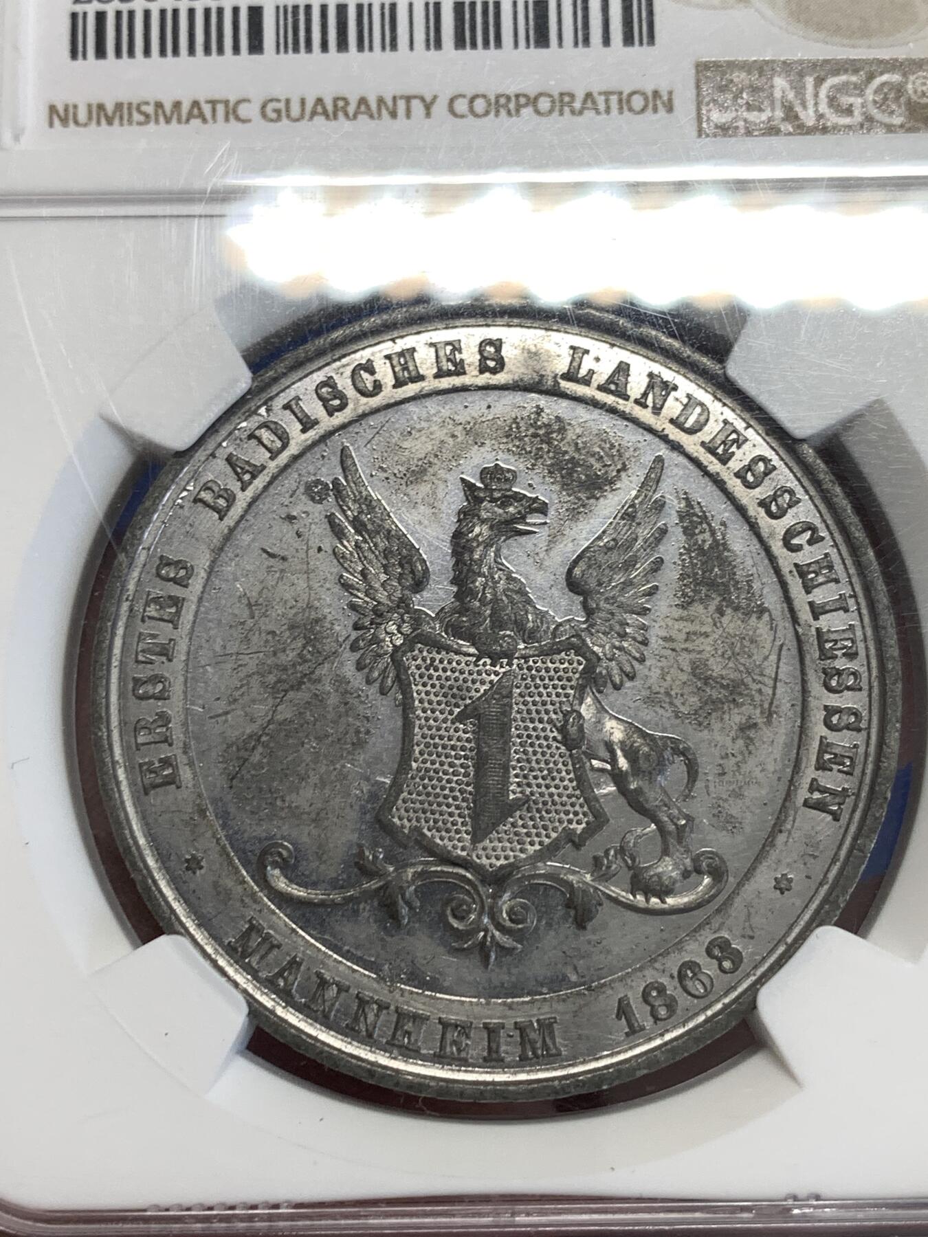 《竞宝斋》第299场- 周日，周一  2场连拍 （全场包邮） NGC MS62 德国1868巴登国家射击节纪念章