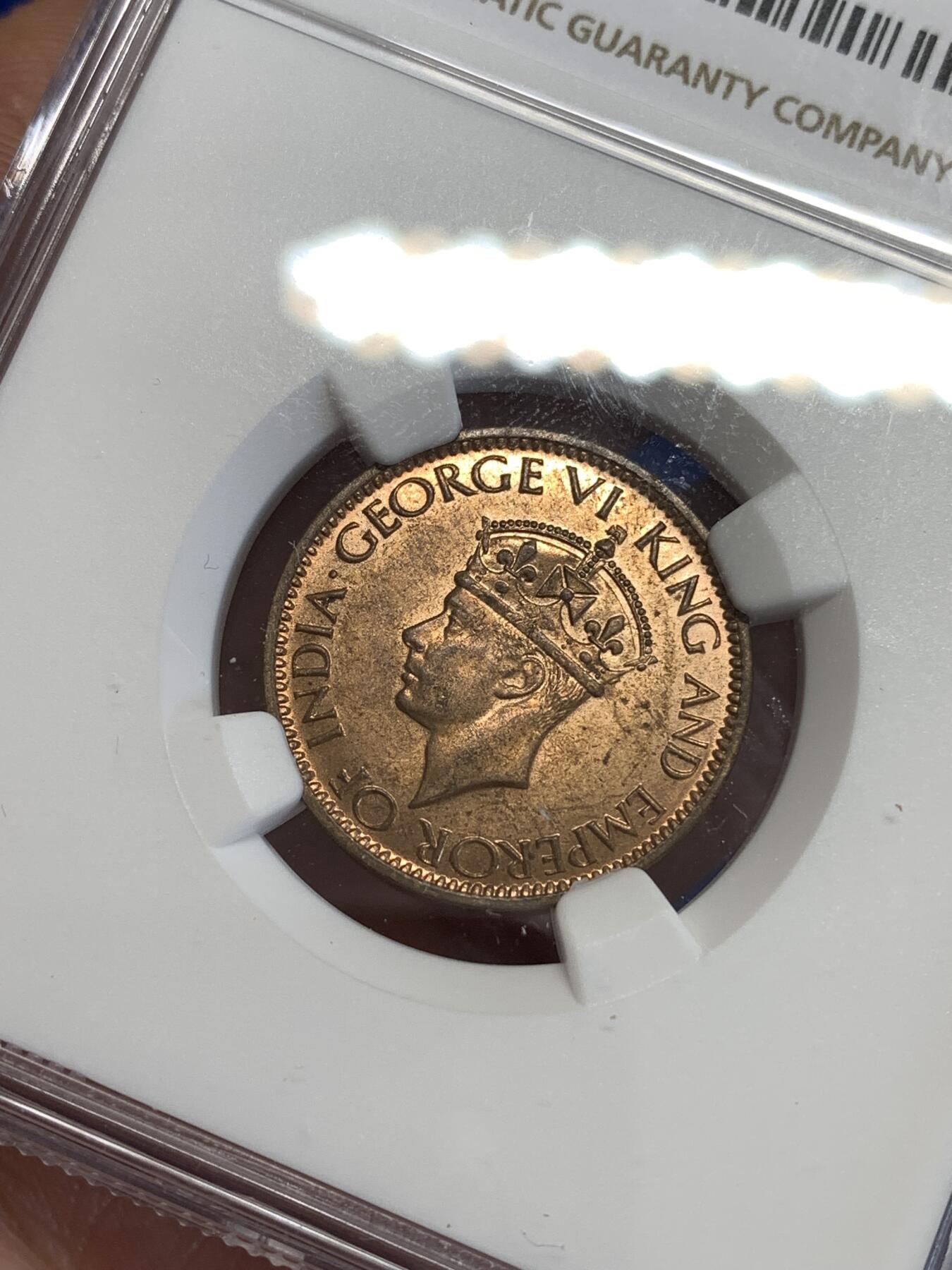 《竞宝斋》第299场- 周日，周一  2场连拍 （全场包邮） NGC MS65RB 锡兰1945年乔治六世1分铜币 近RD原铜光