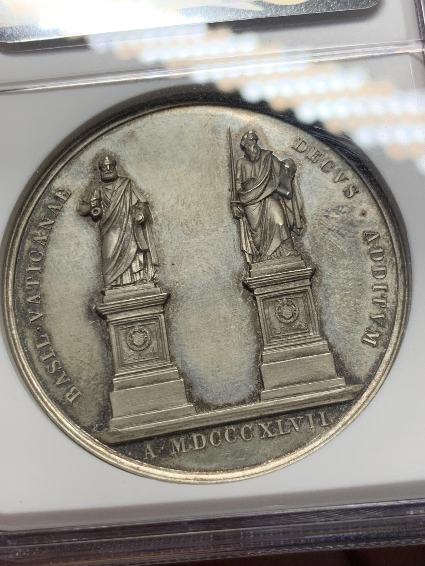 《竞宝斋》第299场- 周日，周一  2场连拍 （全场包邮） NGC MS61 教皇国 1847 庇护九世 圣彼得和圣保罗雕塑 纪念银章 加厚盒装 少见品种