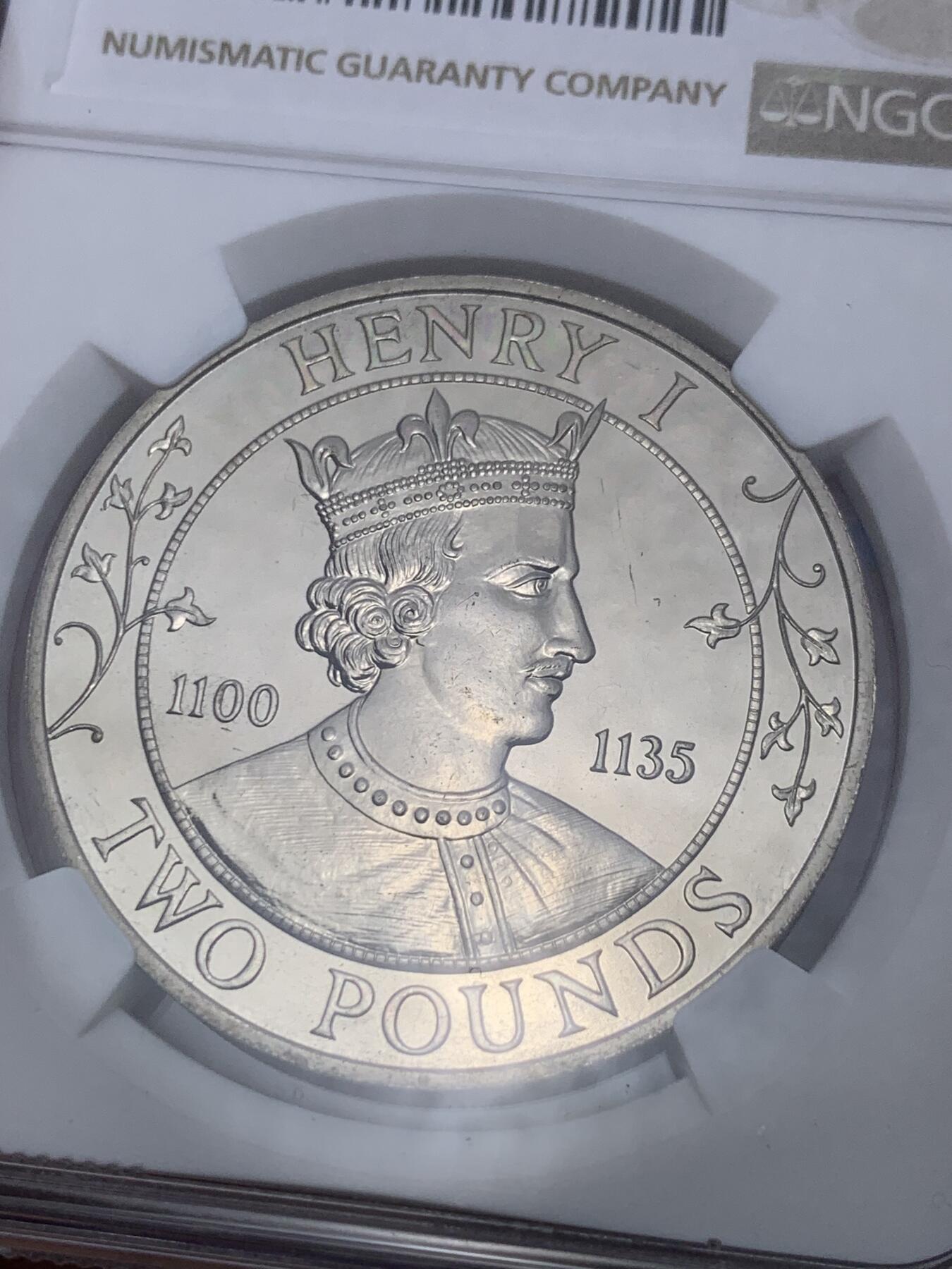 《竞宝斋》第299场- 周日，周一  2场连拍 （全场包邮） NGC MS64 1989年英属根西岛亨利一世（1100-1135）国王2磅纪念币