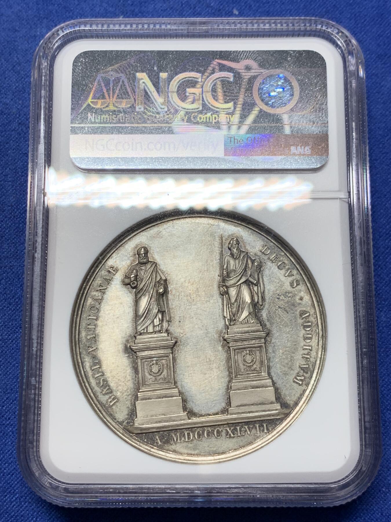 《竞宝斋》第299场- 周日，周一  2场连拍 （全场包邮） NGC MS61 教皇国 1847 庇护九世 圣彼得和圣保罗雕塑 纪念银章 加厚盒装 少见品种