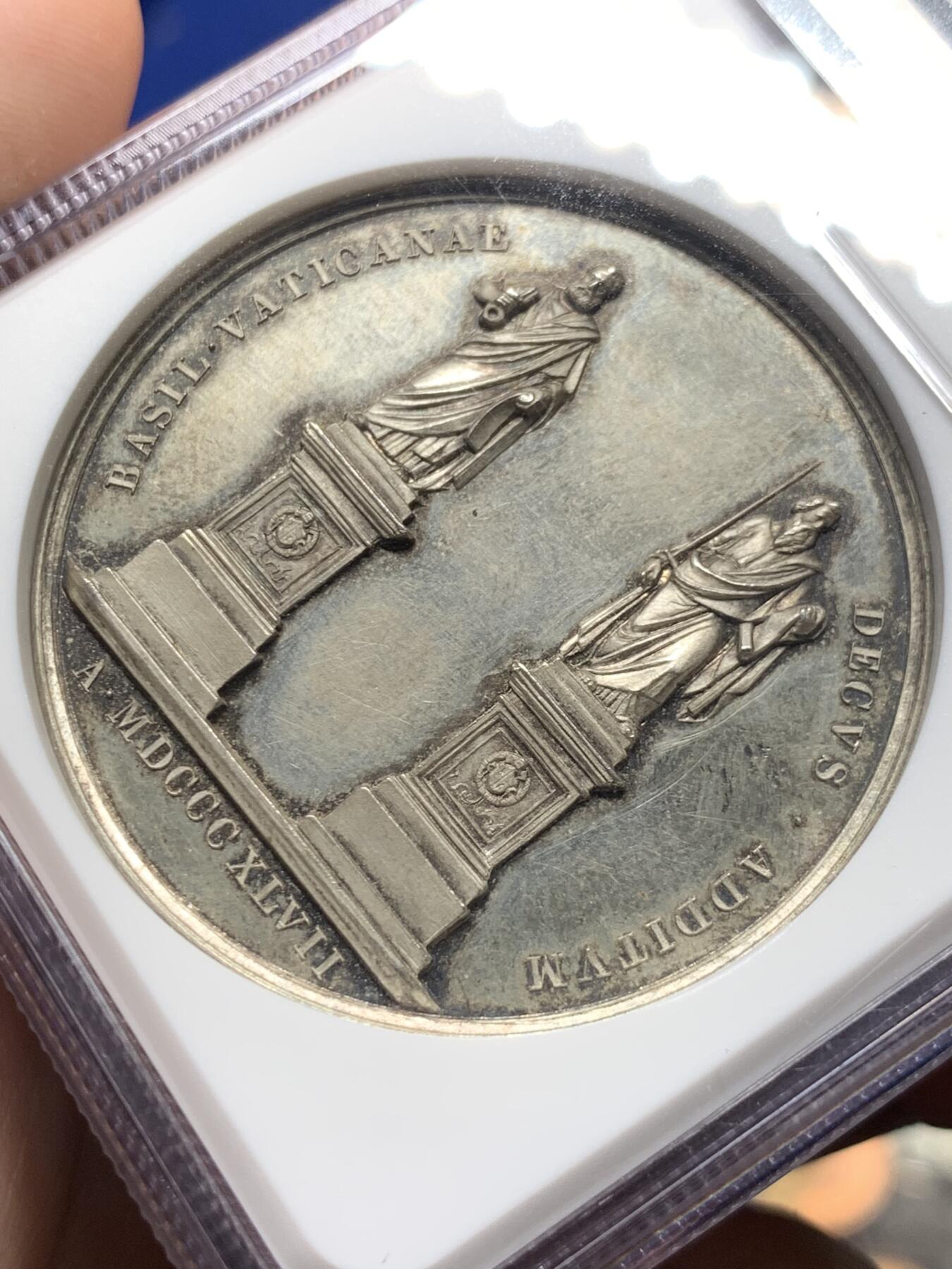 《竞宝斋》第299场- 周日，周一  2场连拍 （全场包邮） NGC MS61 教皇国 1847 庇护九世 圣彼得和圣保罗雕塑 纪念银章 加厚盒装 少见品种