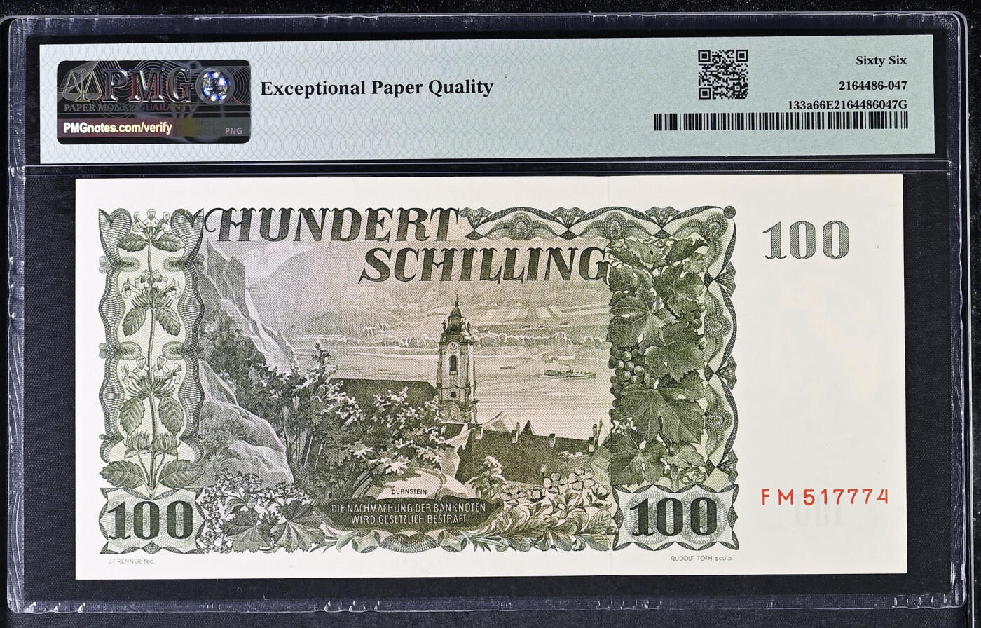 【Blue Auction】✨世界纸币精拍第530期【精】     【仅1张更高分】奥地利 1954年100先令 PMG66EPQ 设计非常漂亮 奥地利剧作家、诗人格里尔伯泽