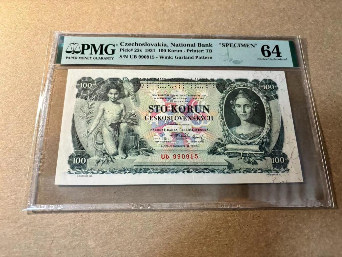 【Blue Auction】✨世界纸币精拍第530期【精】 捷斯 1931年100克朗 样钞 PMG64 设计精美 