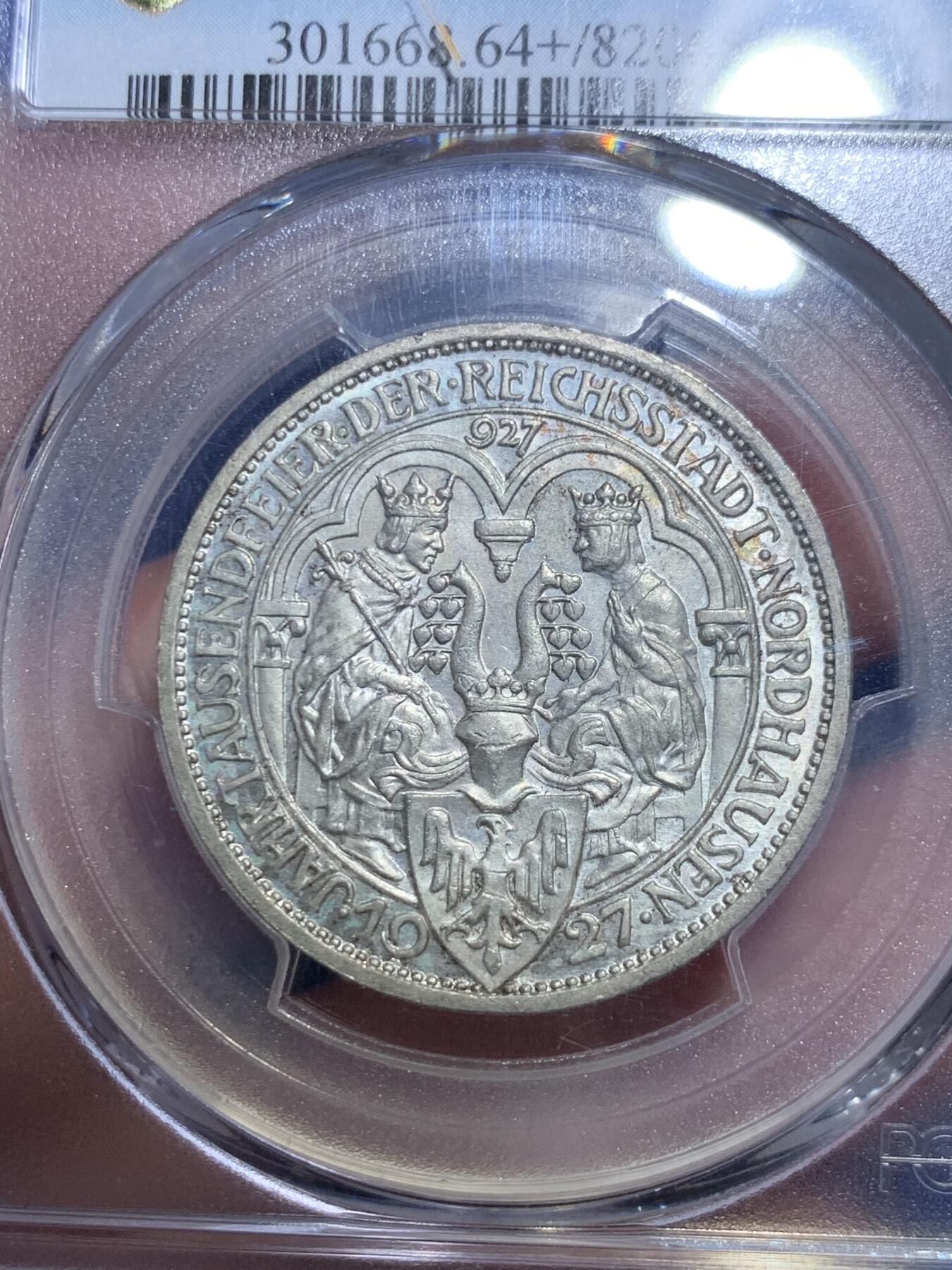 《竞宝斋》第299场- 周日，周一  2场连拍 （全场包邮） PCGS MS64+ 德国1927A魏玛时期诺德豪森3马克银币，克书MS63标价650美金，少见