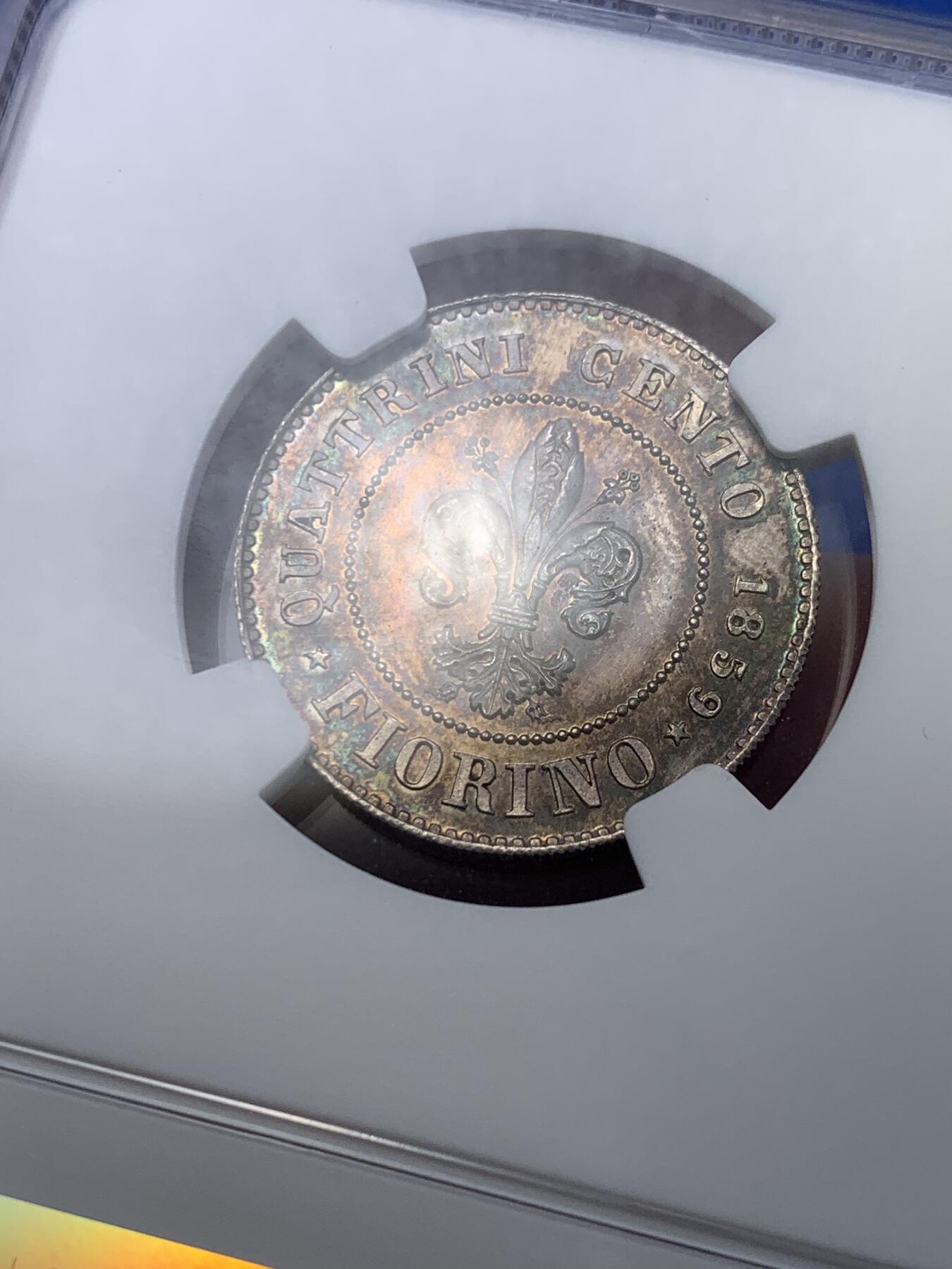 《竞宝斋》第299场- 周日，周一  2场连拍 （全场包邮） NGC MS62 意大利1859托斯卡纳临时政府1弗洛林，单年版，临时政府发行的唯一银币。状态极佳带PL