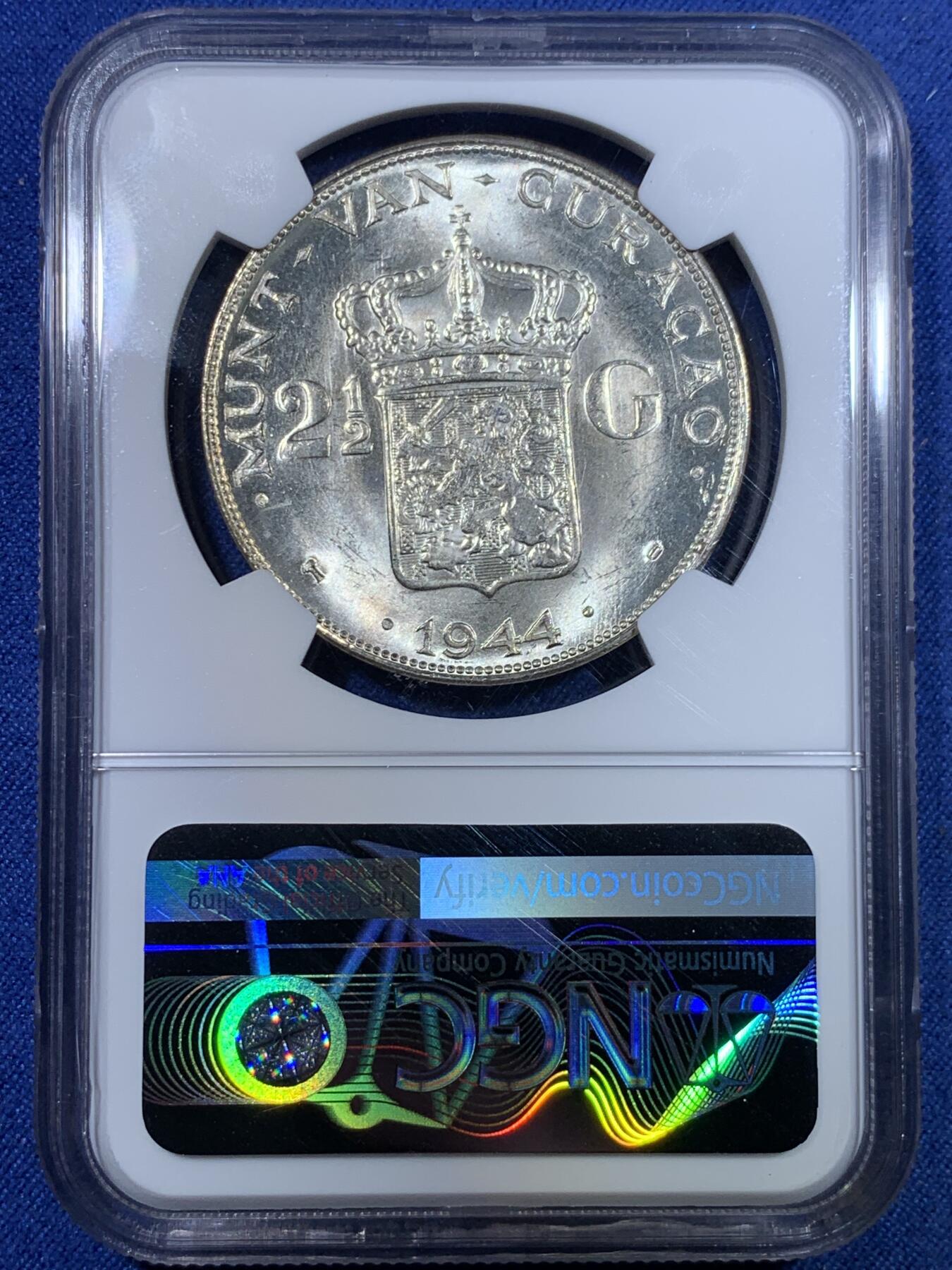 《竞宝斋》第299场- 周日，周一  2场连拍 （全场包邮） NGC MS64 荷属库拉索1944年威廉明娜女王2.5盾大银币