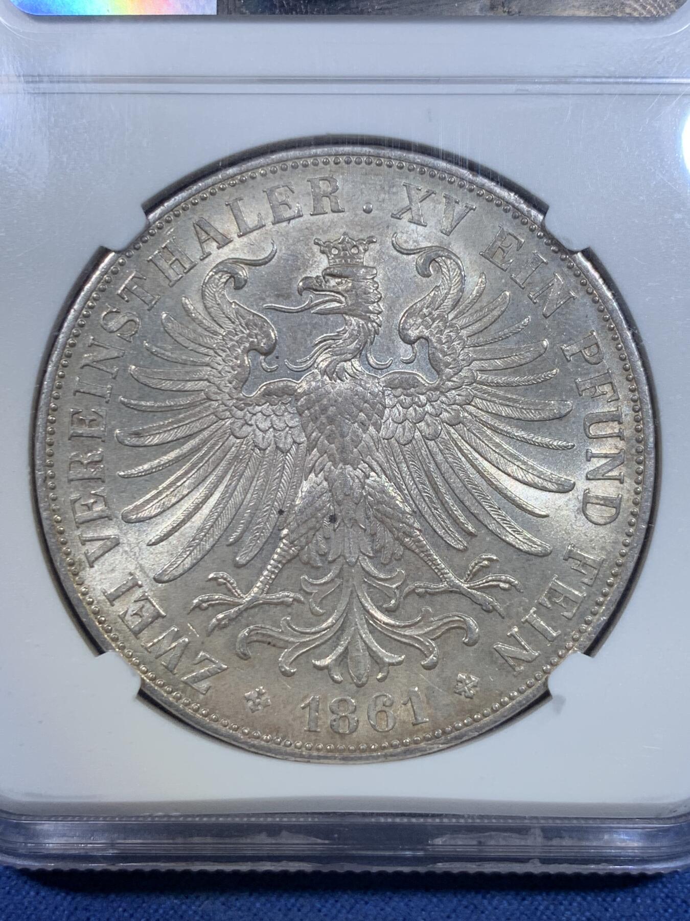 《竞宝斋》第299场- 周日，周一  2场连拍 （全场包邮） NGC MS62 德国1861年法兰克福少女2泰勒大银币 转光强烈 越来越贵的品种