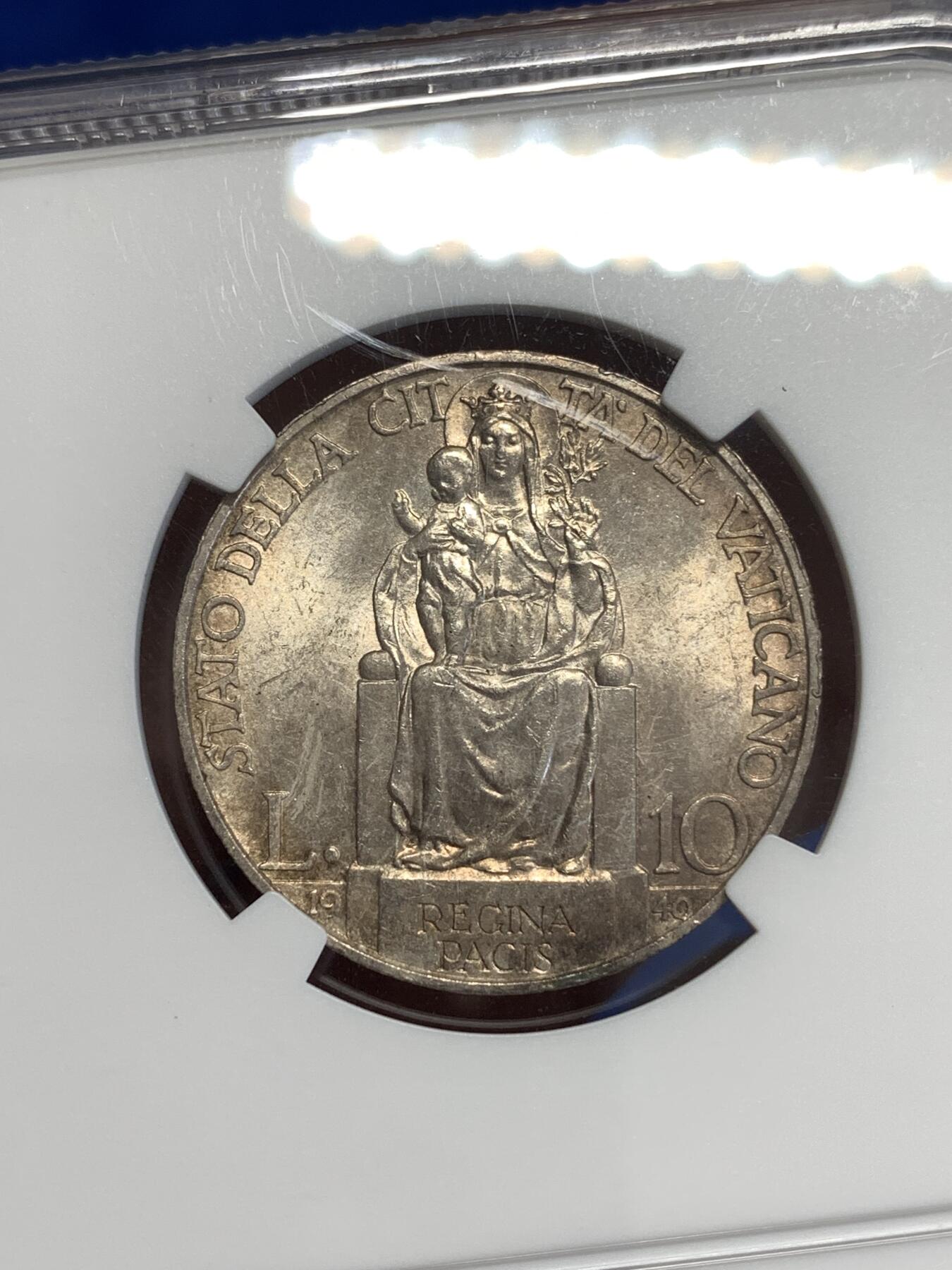 《竞宝斋》第299场- 周日，周一  2场连拍 （全场包邮） NGC MS62 梵蒂冈 1940年 10里拉 银币 极其稀少 当年仅发行了1万枚 此版从39年到41年总共只发行了2.4万枚