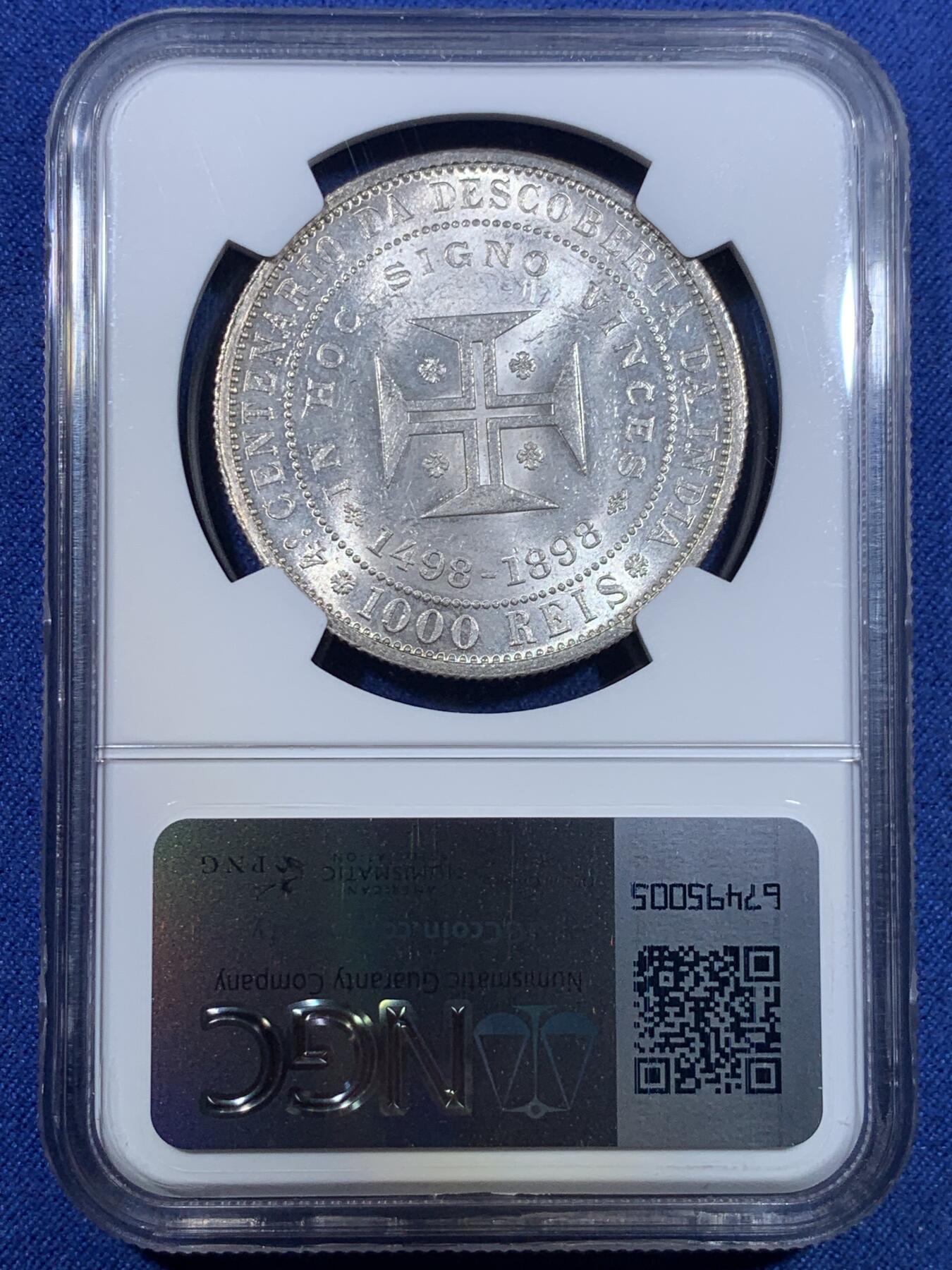 《竞宝斋》第299场- 周日，周一  2场连拍 （全场包邮） NGC MS62 葡萄牙1898年发现印度戎装版1000瑞斯银币