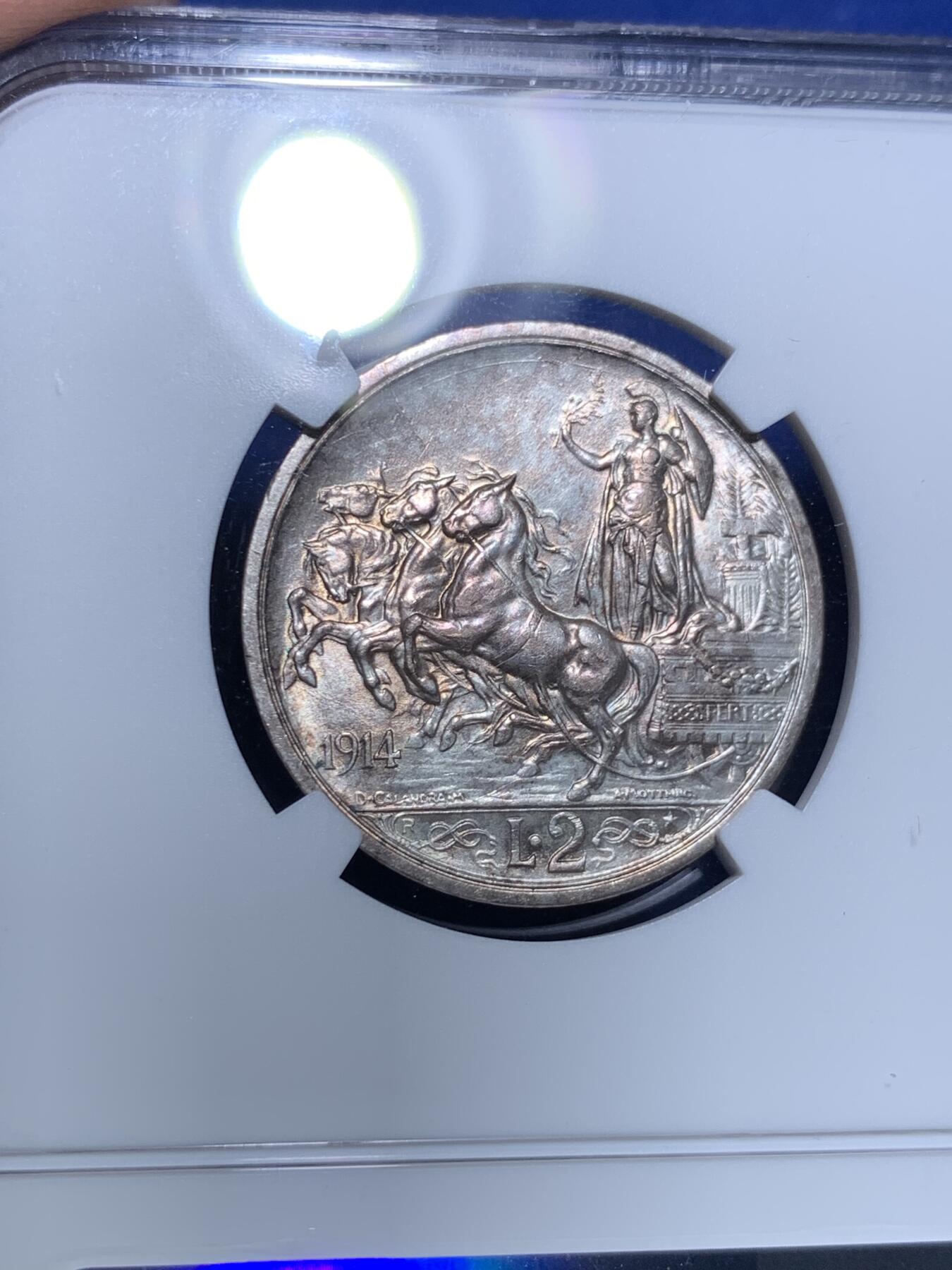 《竞宝斋》第299场- 周日，周一  2场连拍 （全场包邮） NGC MS62 意大利1914年埃曼努埃莱三世四驾马车2里拉