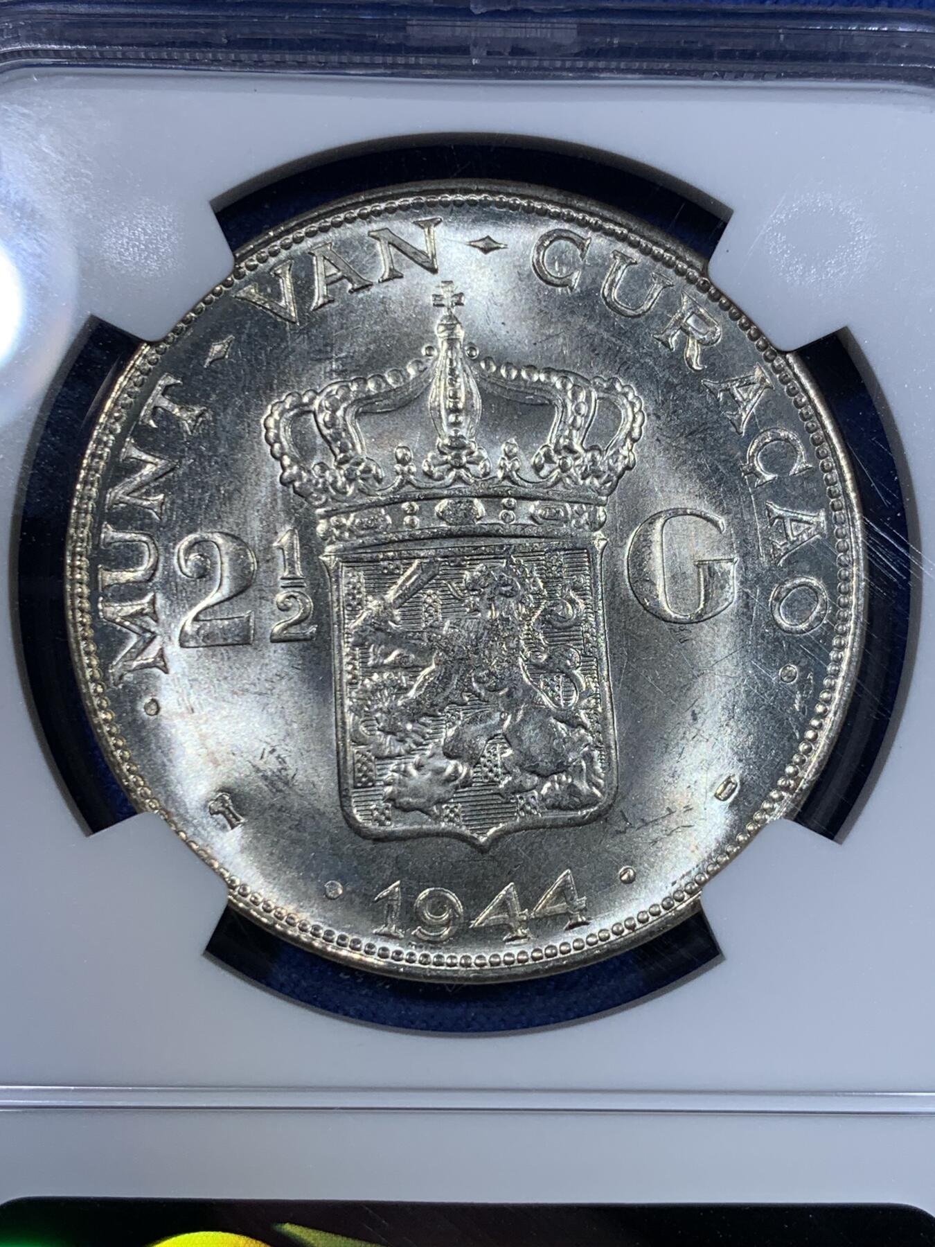 《竞宝斋》第299场- 周日，周一  2场连拍 （全场包邮） NGC MS64 荷属库拉索1944年威廉明娜女王2.5盾大银币