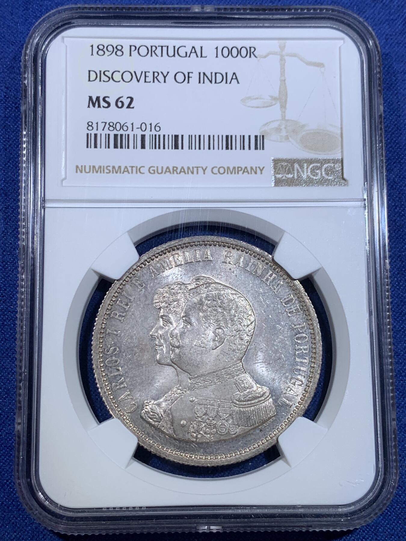 《竞宝斋》第299场- 周日，周一  2场连拍 （全场包邮） NGC MS62 葡萄牙1898年发现印度戎装版1000瑞斯银币