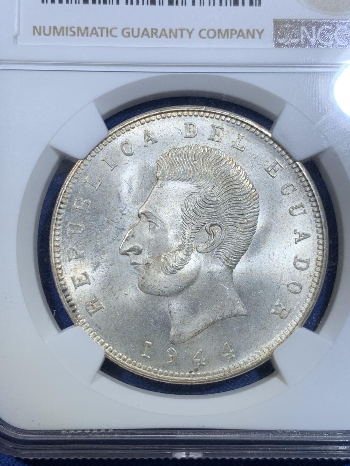 《竞宝斋》第299场- 周日，周一  2场连拍 （全场包邮） NGC MS63 厄瓜多尔1944年5苏大银币 几乎出厂状态