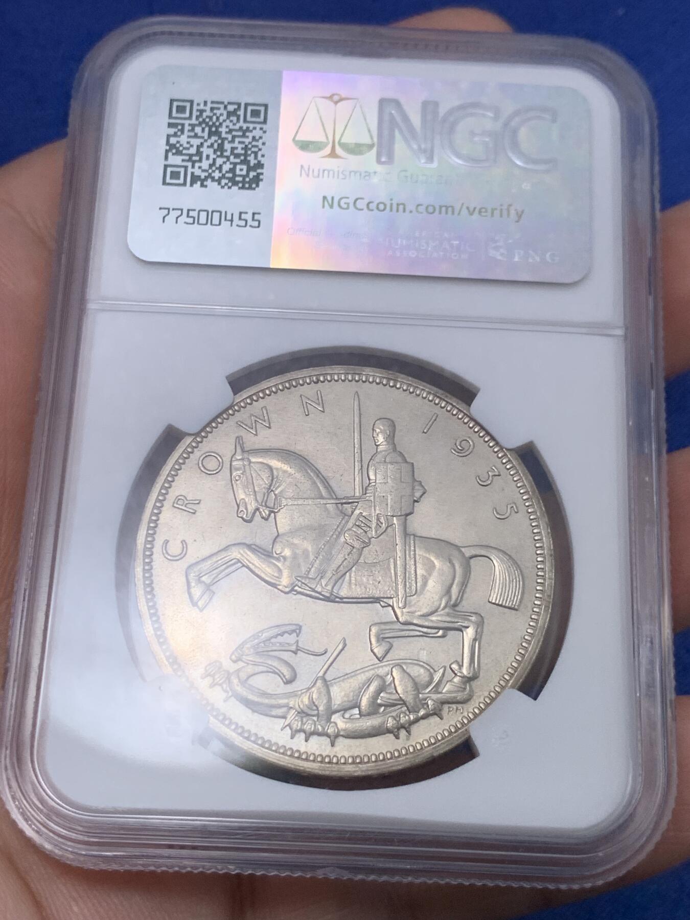 《竞宝斋》第299场- 周日，周一  2场连拍 （全场包邮） NGC SP63 SP版本早期精打 英国1935年乔治五世马剑克朗银币 状态好