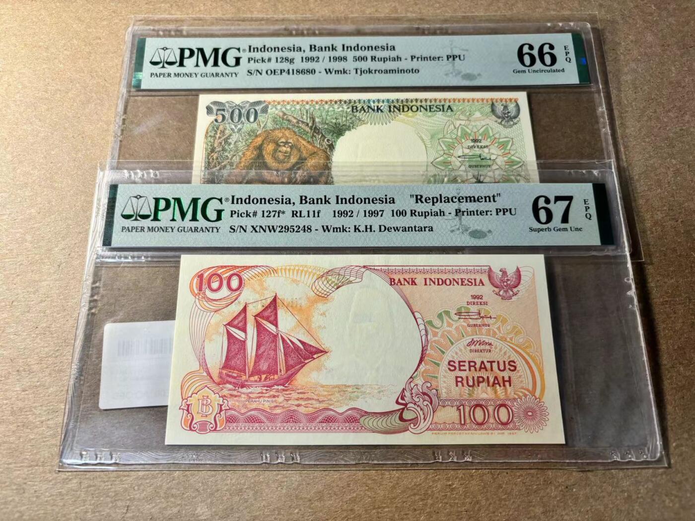 【Blue Auction】✨世界纸币精拍第530期【精】 【一组2张含补号】印尼 1992年100-500卢比 PMG67EPQ-66EPQ