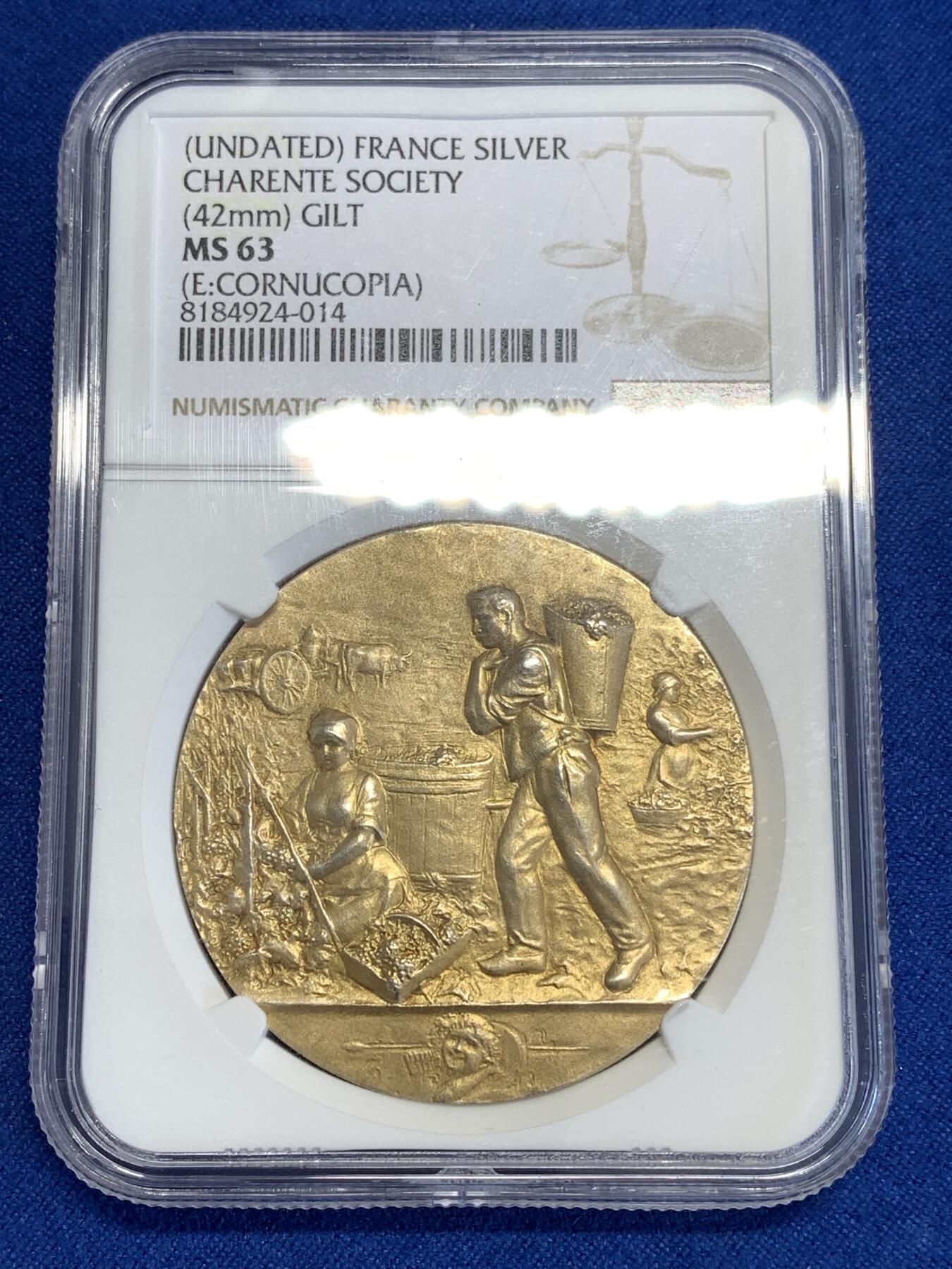 《竞宝斋》第299场- 周日，周一  2场连拍 （全场包邮） NGC MS63 法国农业协会镀金银章marey名作（麦田里的收获场景与辛勤的农户们）41mm丰饶角agent