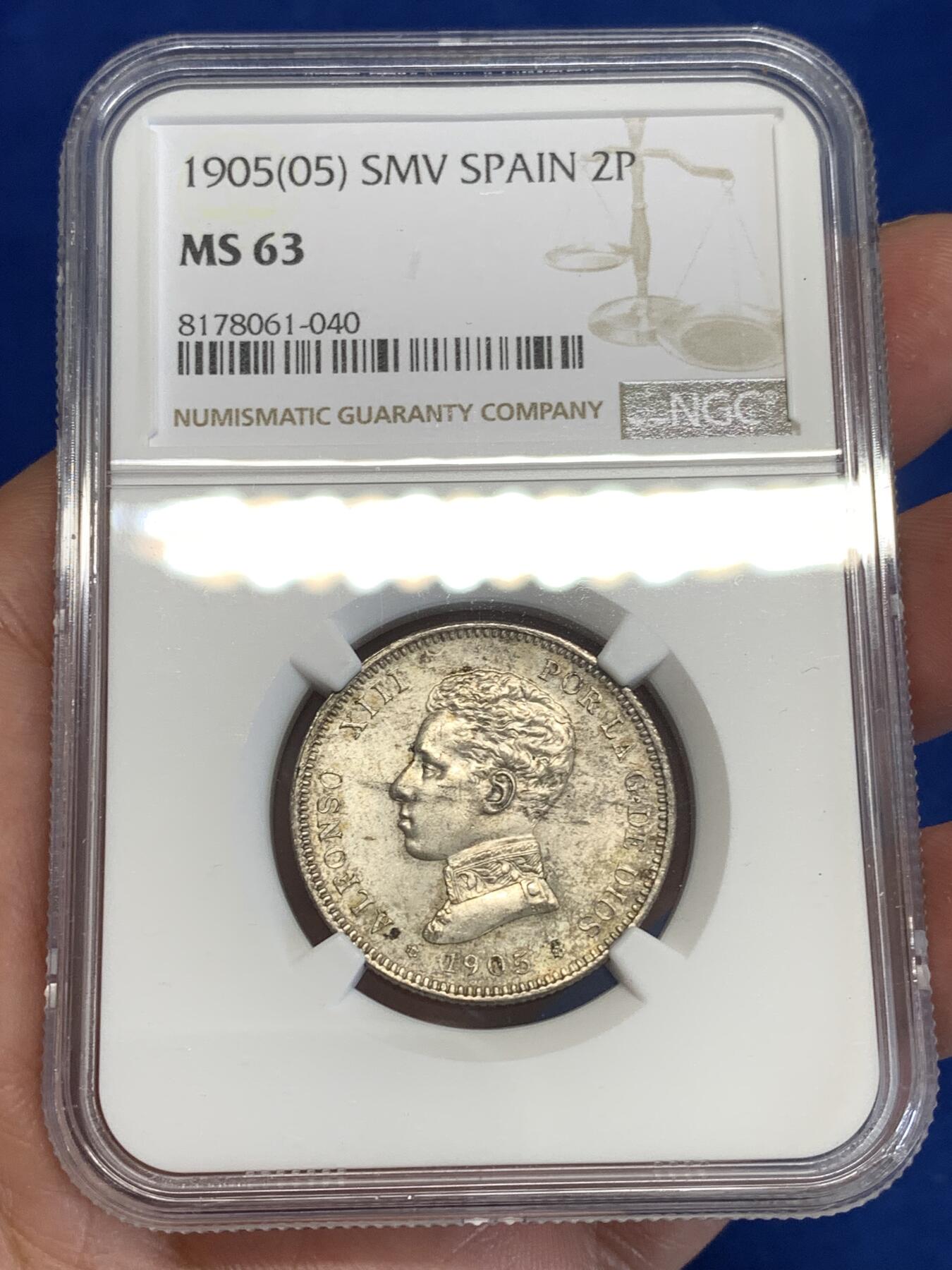 《竞宝斋》第299场- 周日，周一  2场连拍 （全场包邮） NGC MS63 西班牙1905阿方索十三世2比塞塔银币