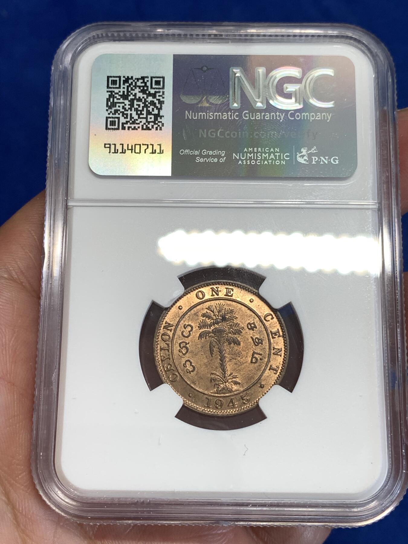 《竞宝斋》第299场- 周日，周一  2场连拍 （全场包邮） NGC MS65RB 锡兰1945年乔治六世1分铜币 近RD原铜光