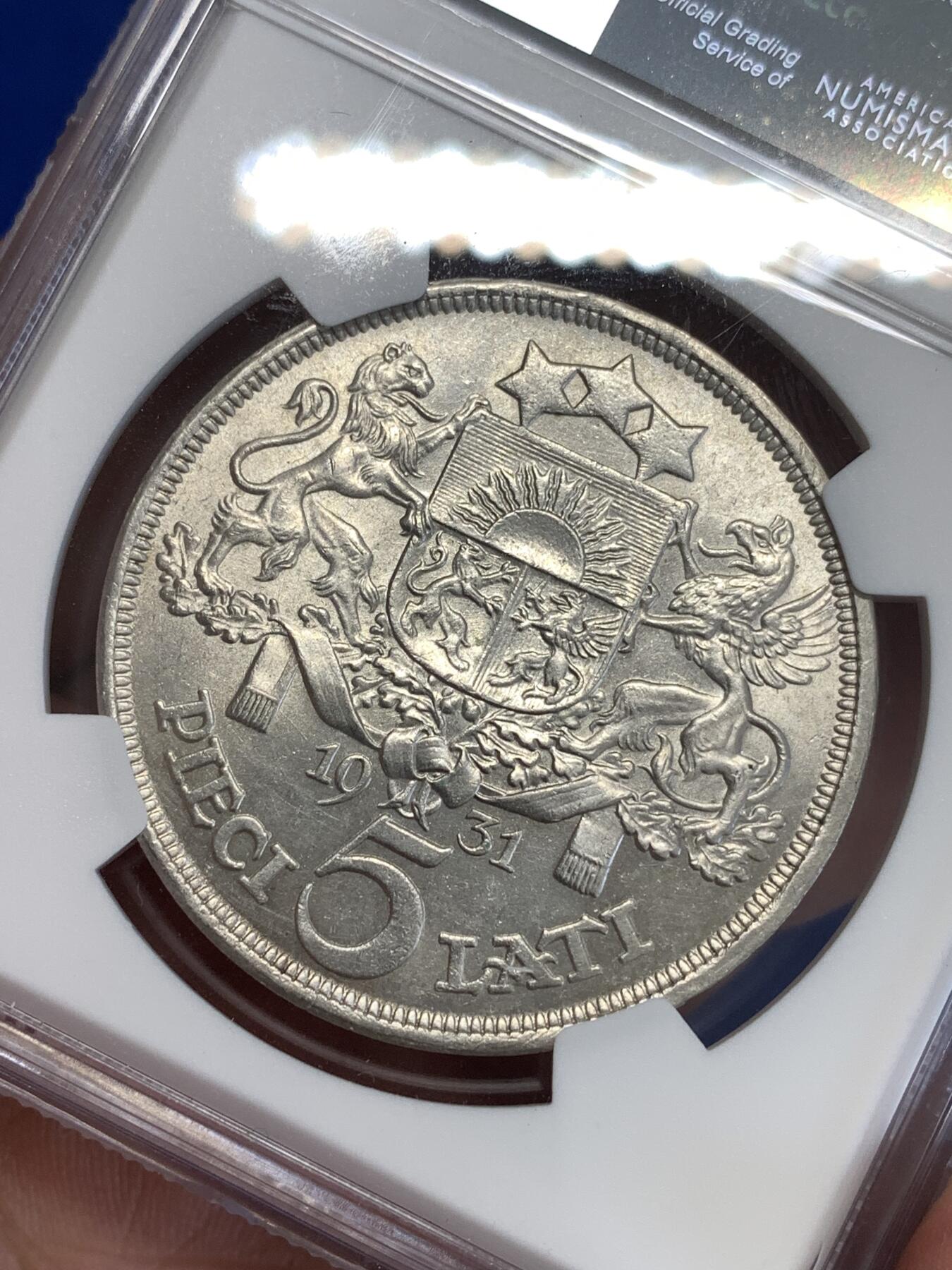 《竞宝斋》第299场- 周日，周一  2场连拍 （全场包邮） NGC UNC 拉脱维亚1931年5L大银币