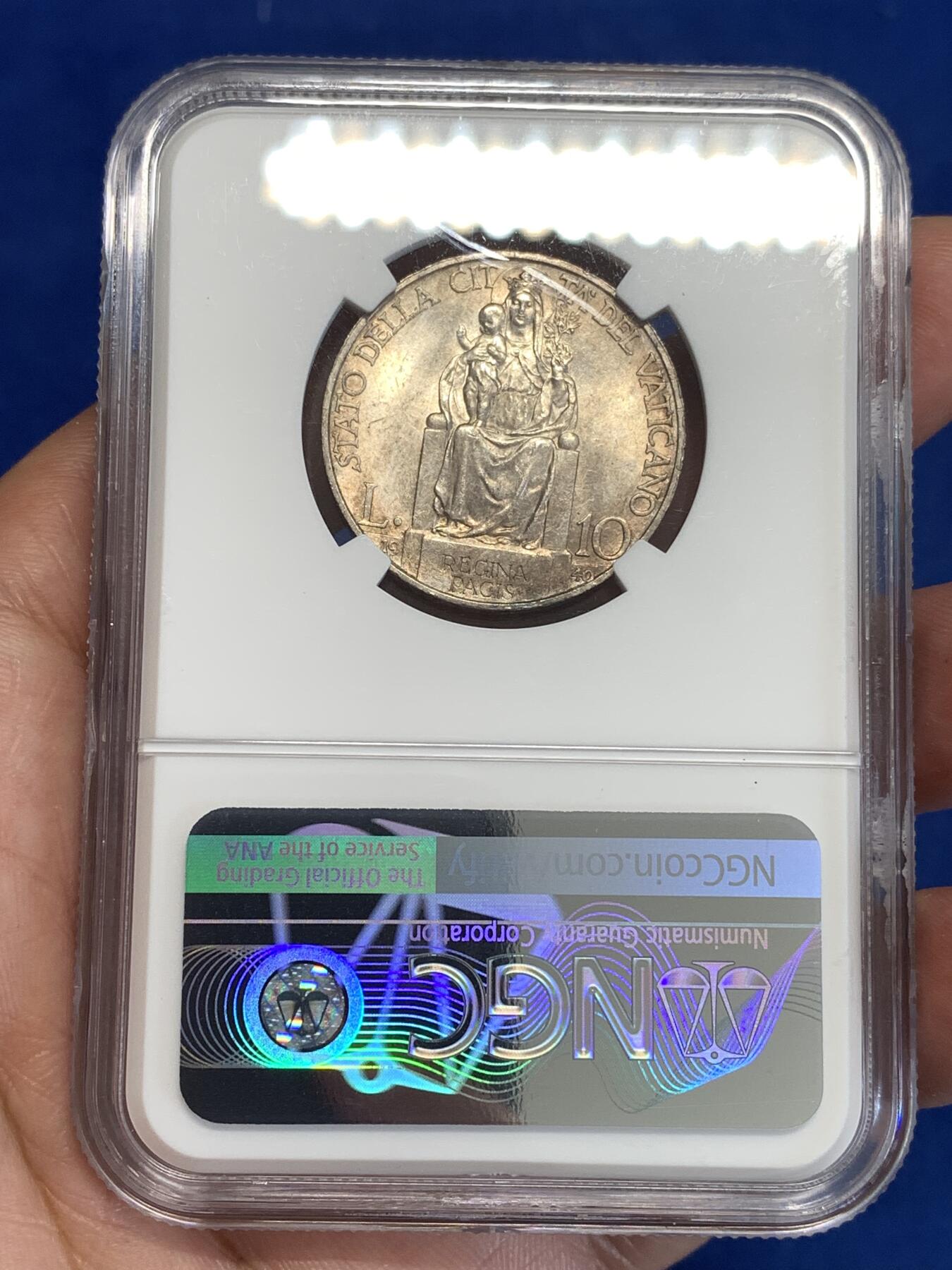 《竞宝斋》第299场- 周日，周一  2场连拍 （全场包邮） NGC MS62 梵蒂冈 1940年 10里拉 银币 极其稀少 当年仅发行了1万枚 此版从39年到41年总共只发行了2.4万枚