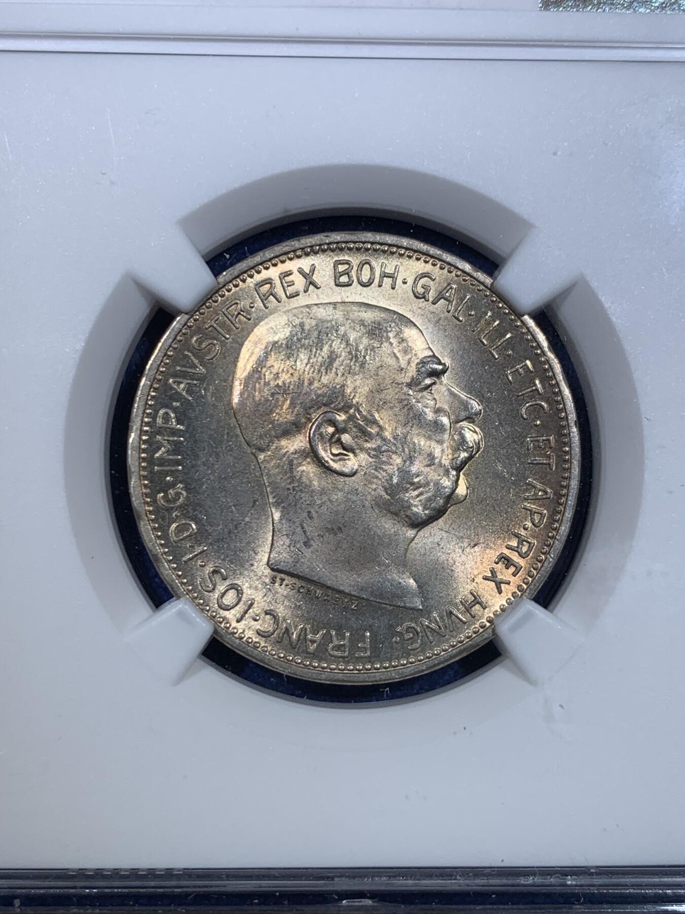 《竞宝斋》第299场- 周日，周一  2场连拍 （全场包邮） NGC MS63 奥地利1912两克朗银币，双面环彩，转光强烈，双头鹰极富力量感