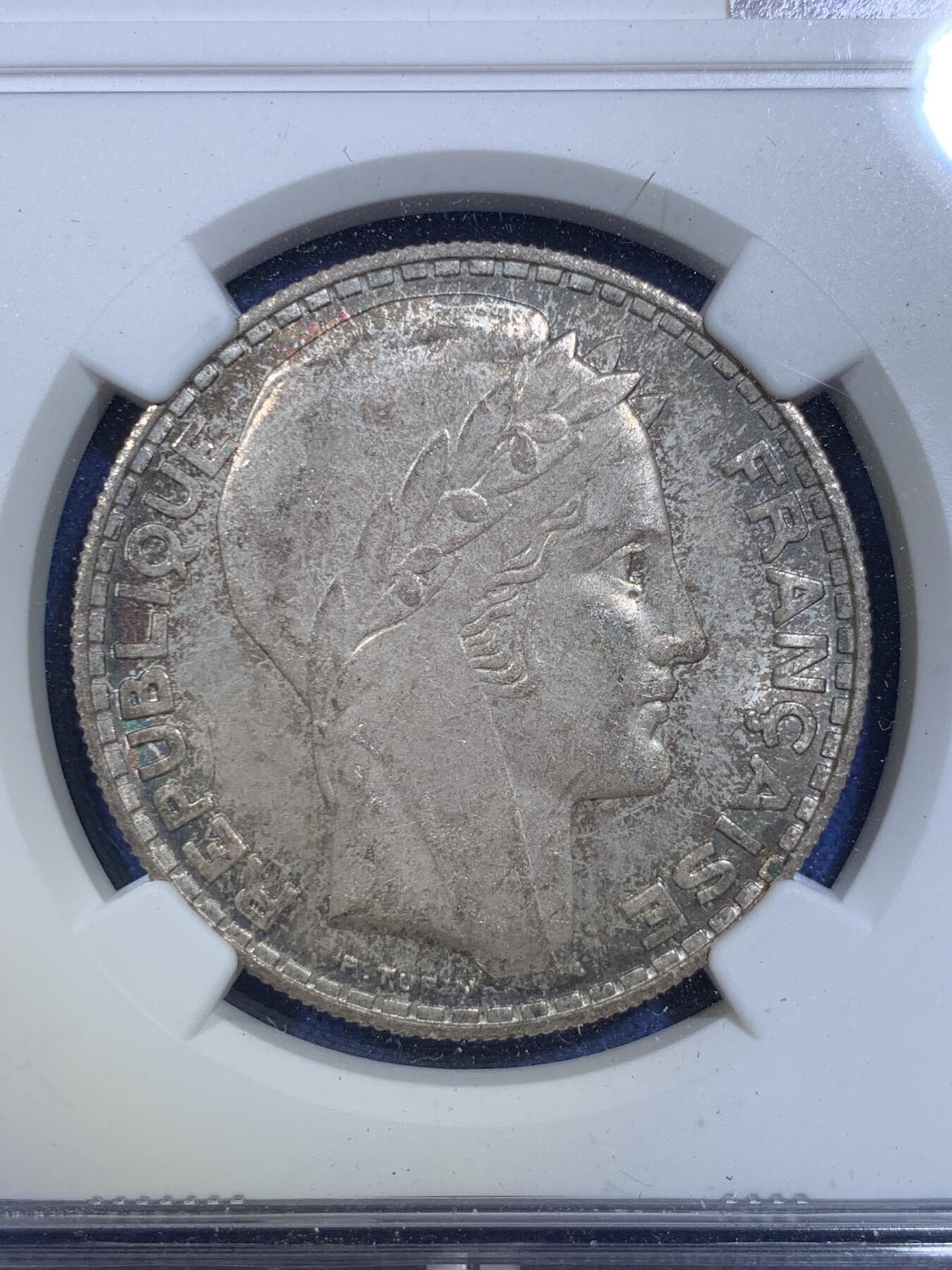 《竞宝斋》第299场- 周日，周一  2场连拍 （全场包邮） NGC MS63 法国1933年桂冠女神20法郎银币