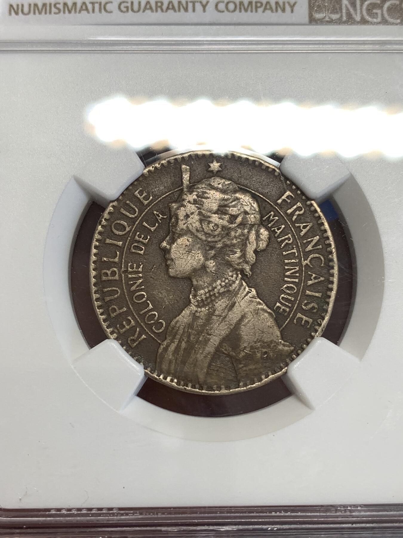 《竞宝斋》第299场- 周日，周一  2场连拍 （全场包邮） NGC VF25 马提尼克1法郎 发行量仅35万枚 美品 TTB 22年10月 Katz拍卖不含佣724HKD！