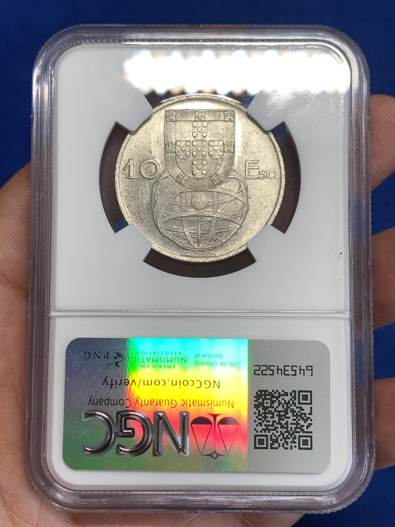 《竞宝斋》第299场- 周日，周一  2场连拍 （全场包邮） NGC MS65 葡萄牙1954年大帆船10埃斯库多银币