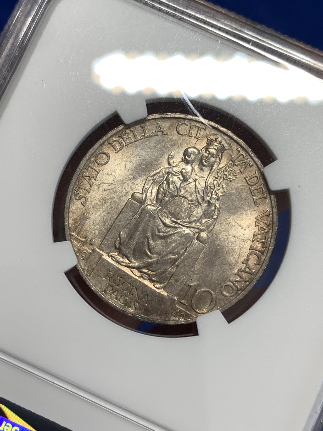 《竞宝斋》第299场- 周日，周一  2场连拍 （全场包邮） NGC MS62 梵蒂冈 1940年 10里拉 银币 极其稀少 当年仅发行了1万枚 此版从39年到41年总共只发行了2.4万枚