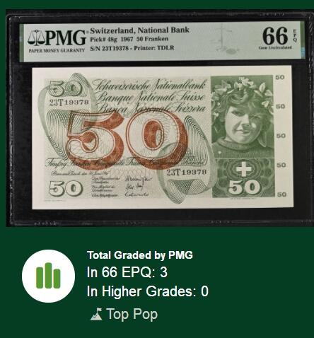 【Blue Auction】✨世界纸币精拍第530期【精】 【冠军分】瑞士 1967年50法郎 苹果园 PMG66EPQ 