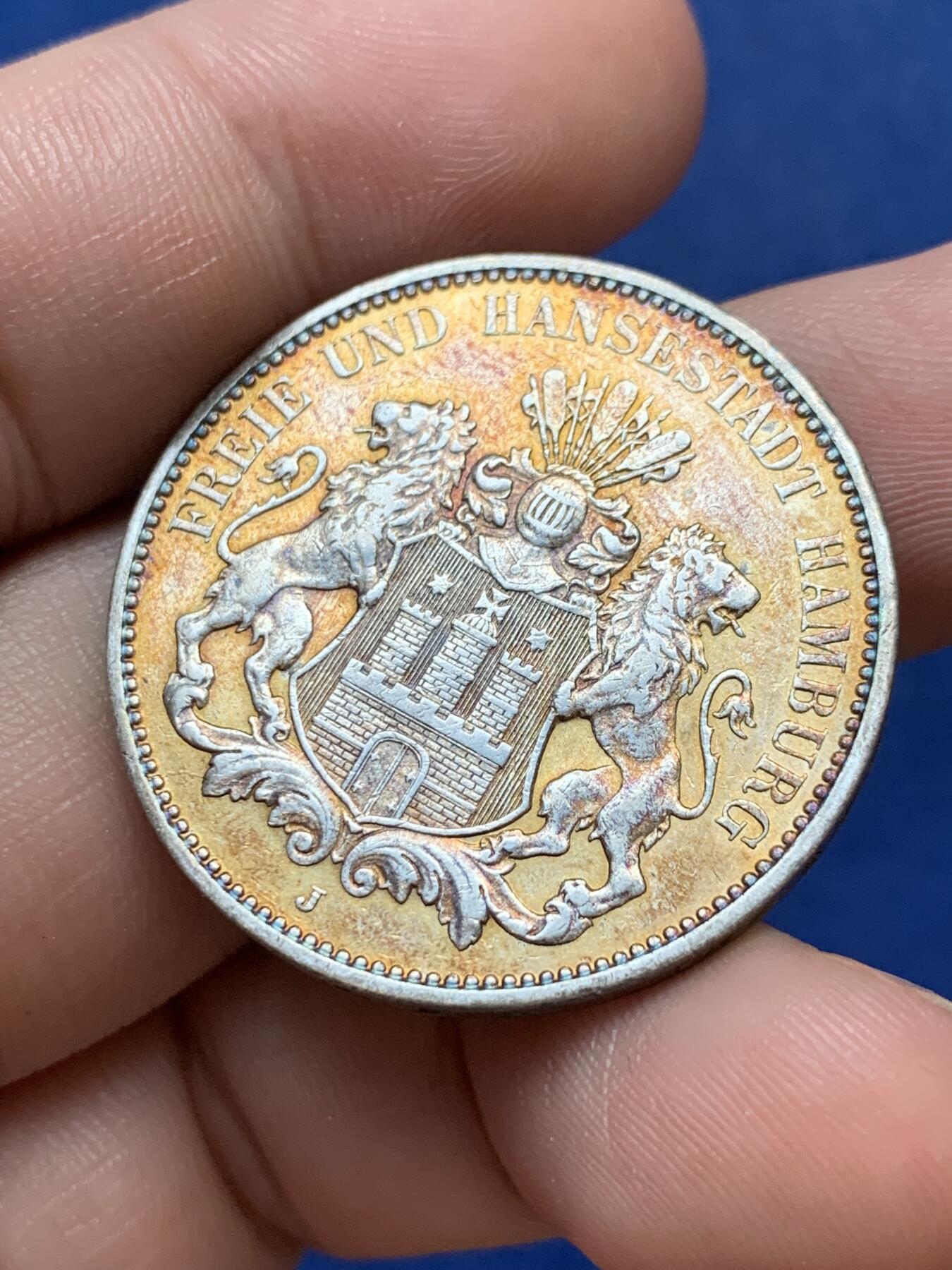 《竞宝斋》第299场- 周日，周一  2场连拍 （全场包邮） 德国1911年汉堡双狮3马克银币