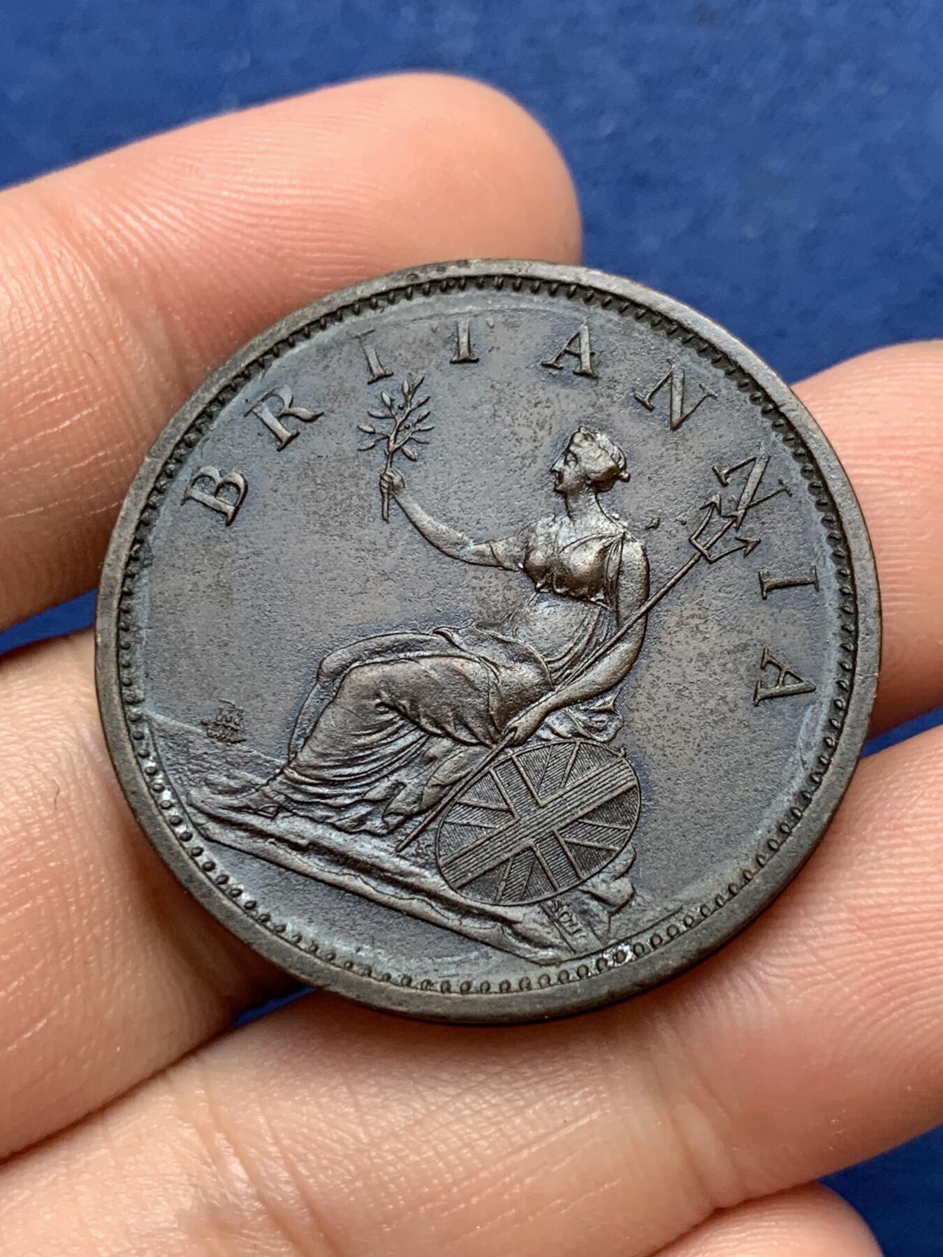 《竞宝斋》第299场- 周日，周一  2场连拍 （全场包邮） 英国1806乔治三世一便士大铜币 百年老包浆细节高点全在