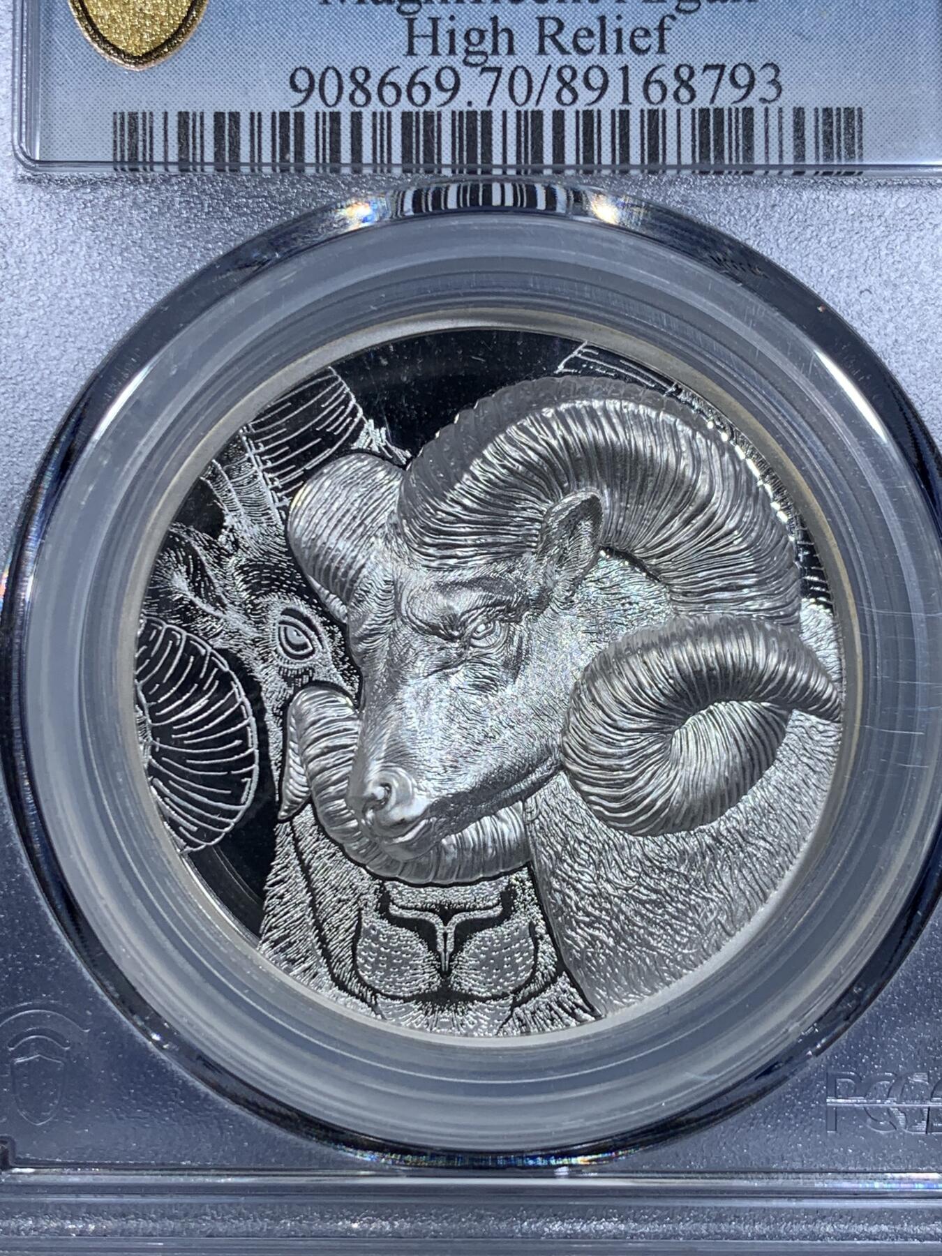 《竞宝斋》第299场- 周日，周一  2场连拍 （全场包邮） PCGS 70DCAM 蒙古2022年盘羊超高浮雕精制银币 草原动物系列 细节精美绝伦 PCGS双层加厚盒
