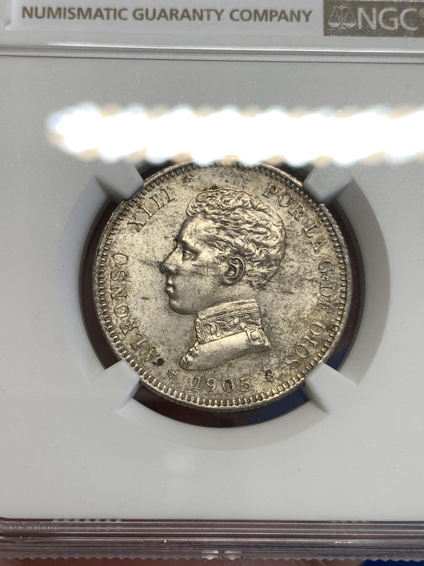 《竞宝斋》第299场- 周日，周一  2场连拍 （全场包邮） NGC MS63 西班牙1905阿方索十三世2比塞塔银币