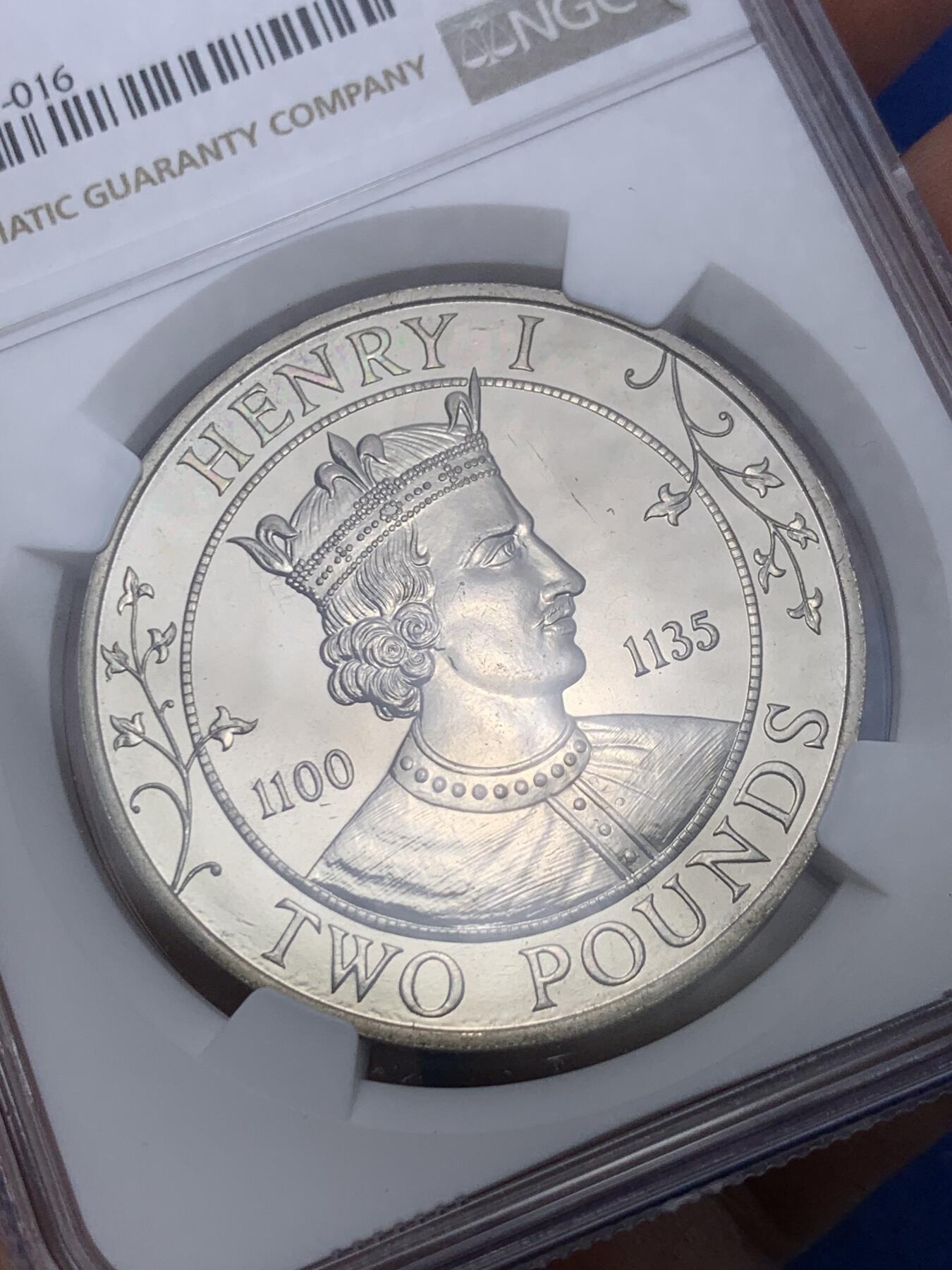 《竞宝斋》第299场- 周日，周一  2场连拍 （全场包邮） NGC MS64 1989年英属根西岛亨利一世（1100-1135）国王2磅纪念币